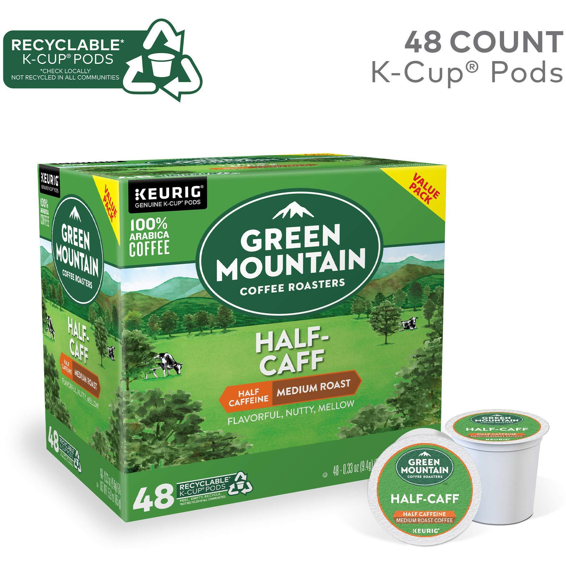Green Mountain Coffee Roasters Half Caff, Single-Serve Keurig K-Cup Pods, Medium Roast Coffee Pods, 48 Count