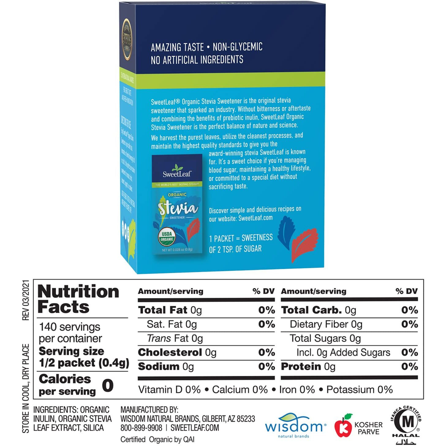 Sweetleaf Organic Stevia Packets - Zero Calorie Stevia Powder, No Bitter Aftertaste, Sugar Substitute For Keto Coffee, Nothing Artificial, Non-Gmo Stevia Sweetener Packets, 70 Count