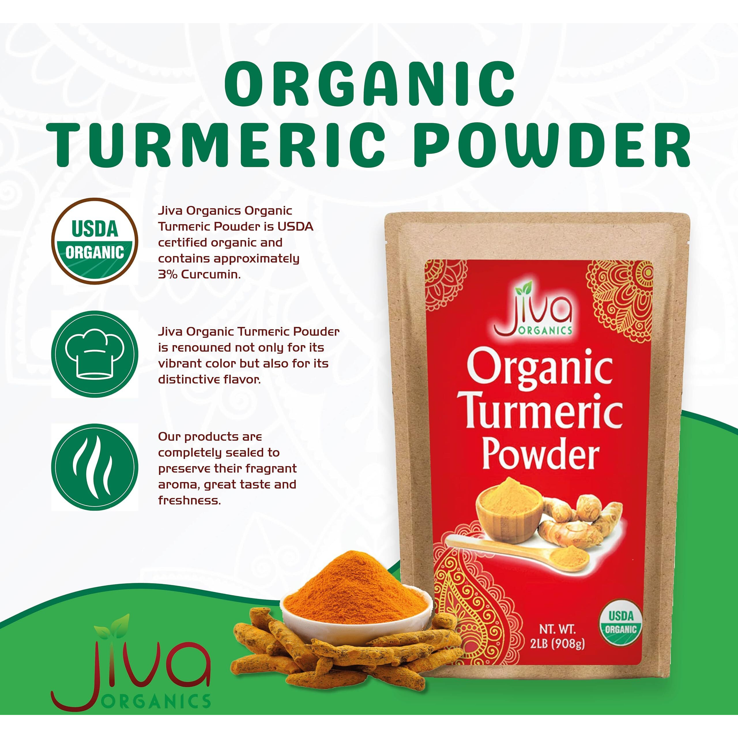 Organic Turmeric Powder By Jiva Organics - 100% Raw With Curcumin - Lab Tested & Reports Available - Raw From India - 2 Pound Bag