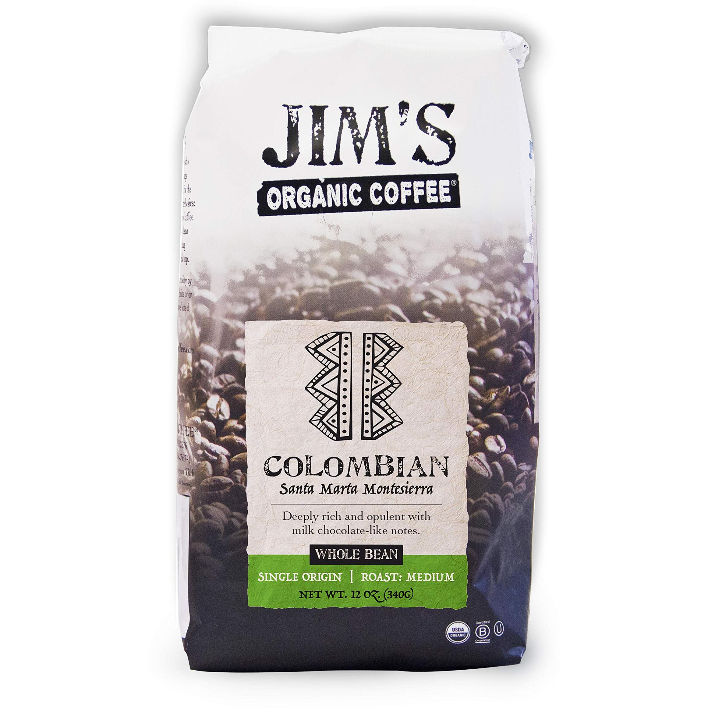 Jims Organic Coffee - Colombian - Single Origin, Medium Roast - Whole Bean 12 Oz Bag