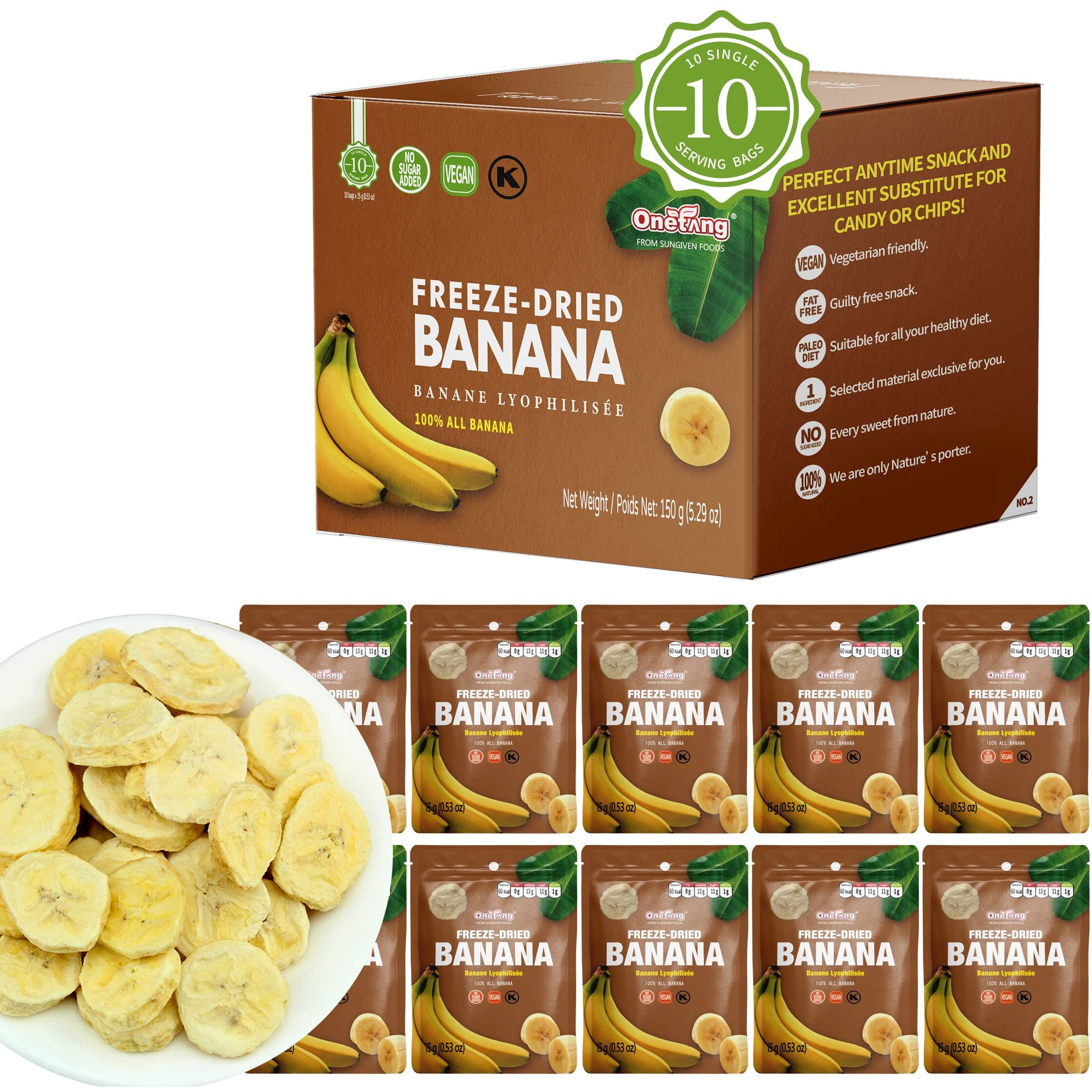 Onetang Freeze-Dried Fruit Banana Chips, 10 Pack Single-Serve Pack, Non Gmo, Kosher, No Add Sugar, Gluten Free, Vegan, Healthy Snack 0.52 Ounce