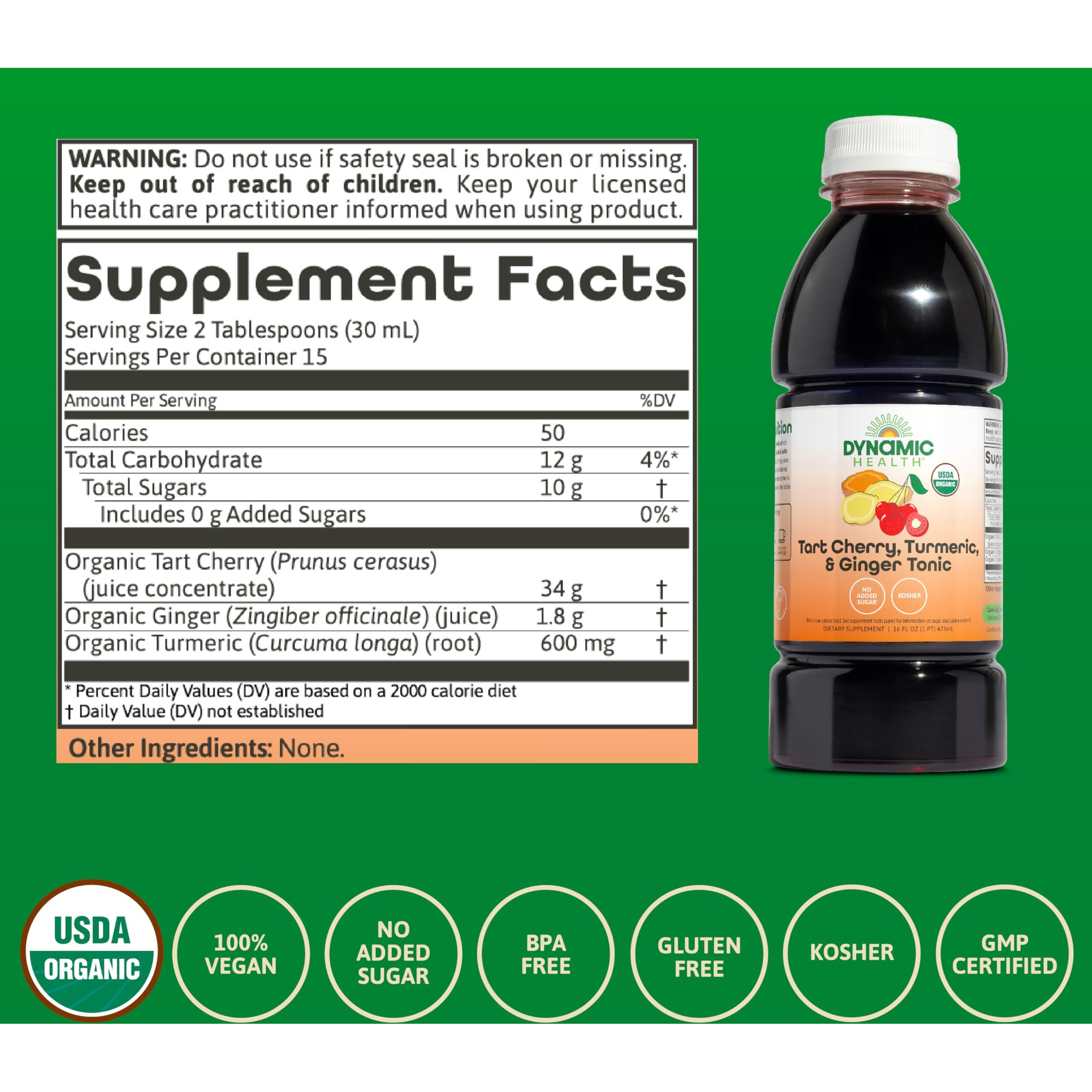 Dynamic Health Tart Cherry Juice Tonic With Turmeric & Ginger | Vegetarian And Kosher | Key Compounds | 16 Fl Oz