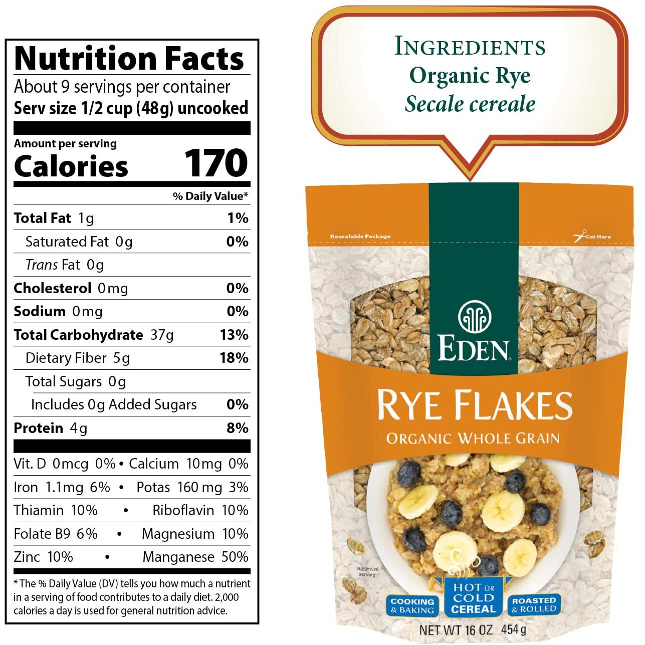 Eden Organic Rye Flakes, 16 Oz, Toasted And Rolled, 100% Whole Grain, Cereal, Hot Or Cold