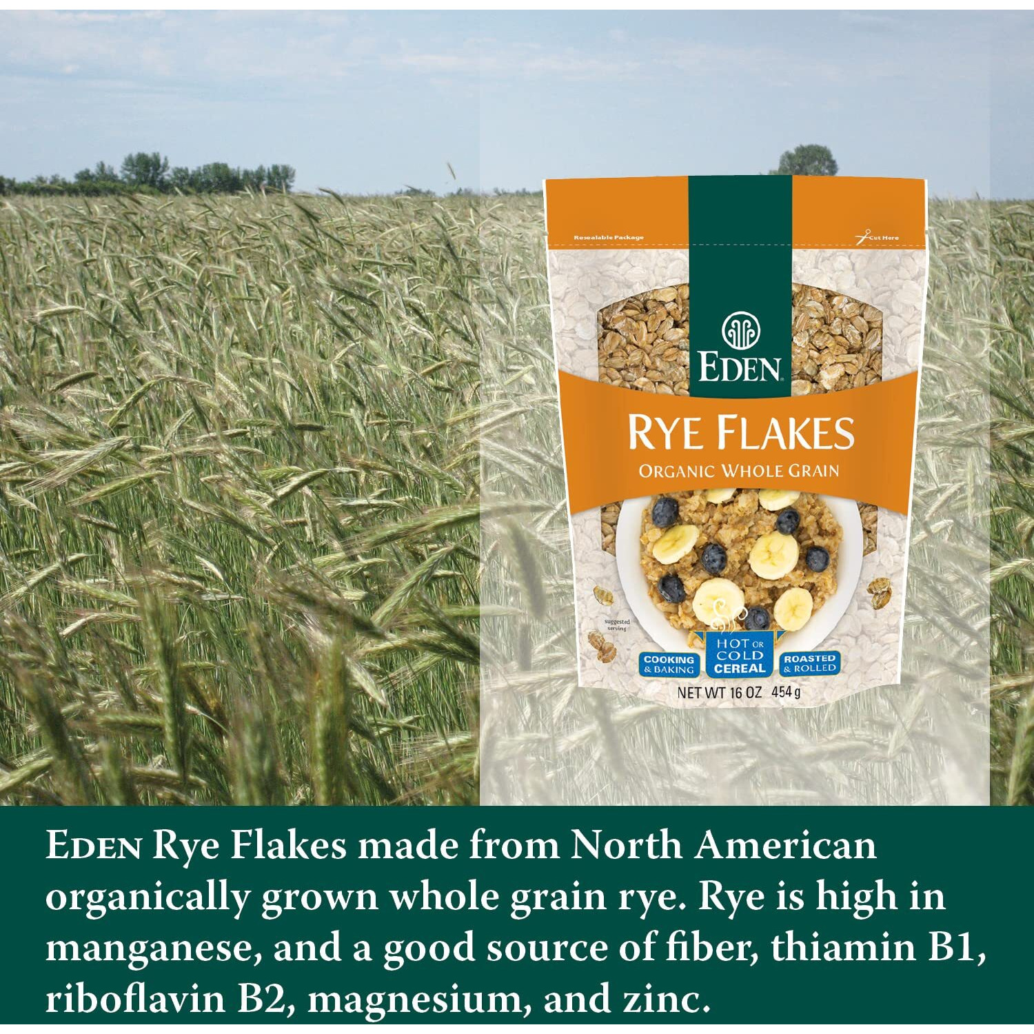 Eden Organic Rye Flakes, 16 Oz, Toasted And Rolled, 100% Whole Grain, Cereal, Hot Or Cold
