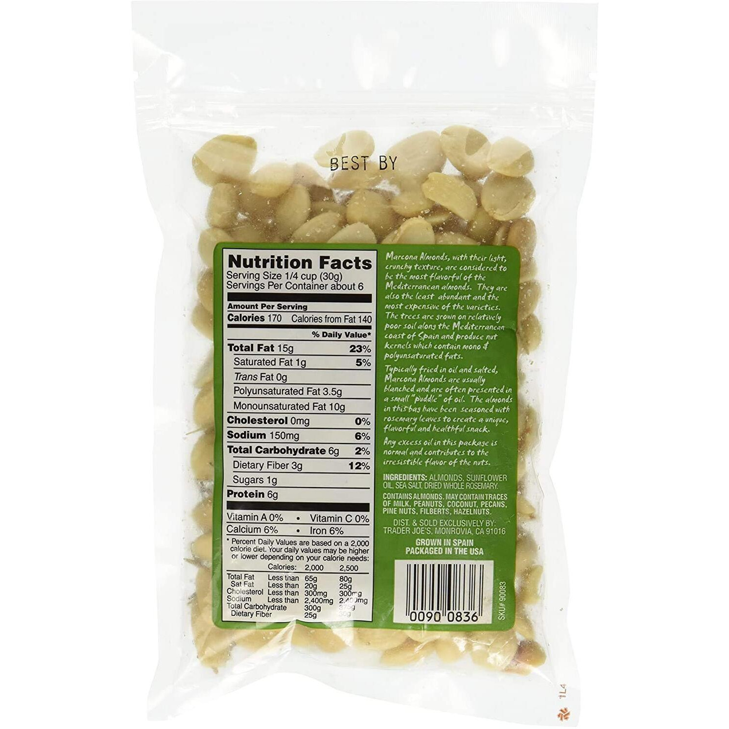 Trader Joe's Roasted And Salted Marcona Almonds With Rosemary Net Wt. 6Oz. (170G)