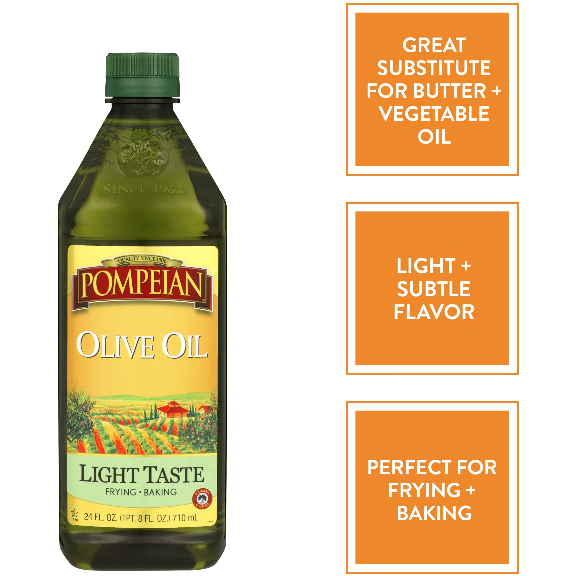 Pompeian Light Taste Olive Oil, Subtle Flavor, Perfect For Frying & Baking, Naturally Gluten Free, Non-Allergenic, Non-Gmo, 24 Fl. Oz.