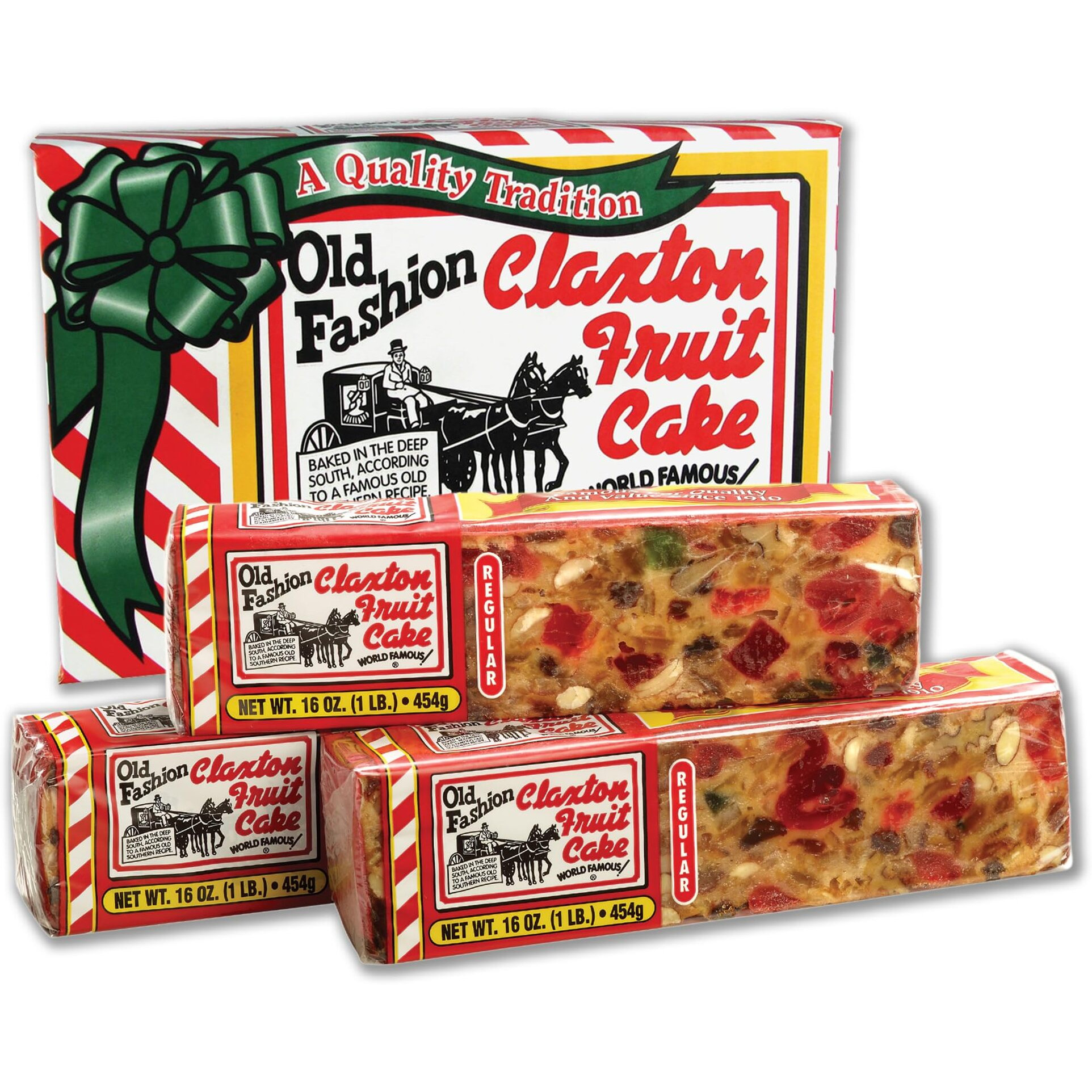 Old Fashion Claxton Fruit Cake 3-1 Lb. Regular Recipe Loaves - Individually Wrapped For Freshness In Our Signature Red-White Carton - 3-Pack