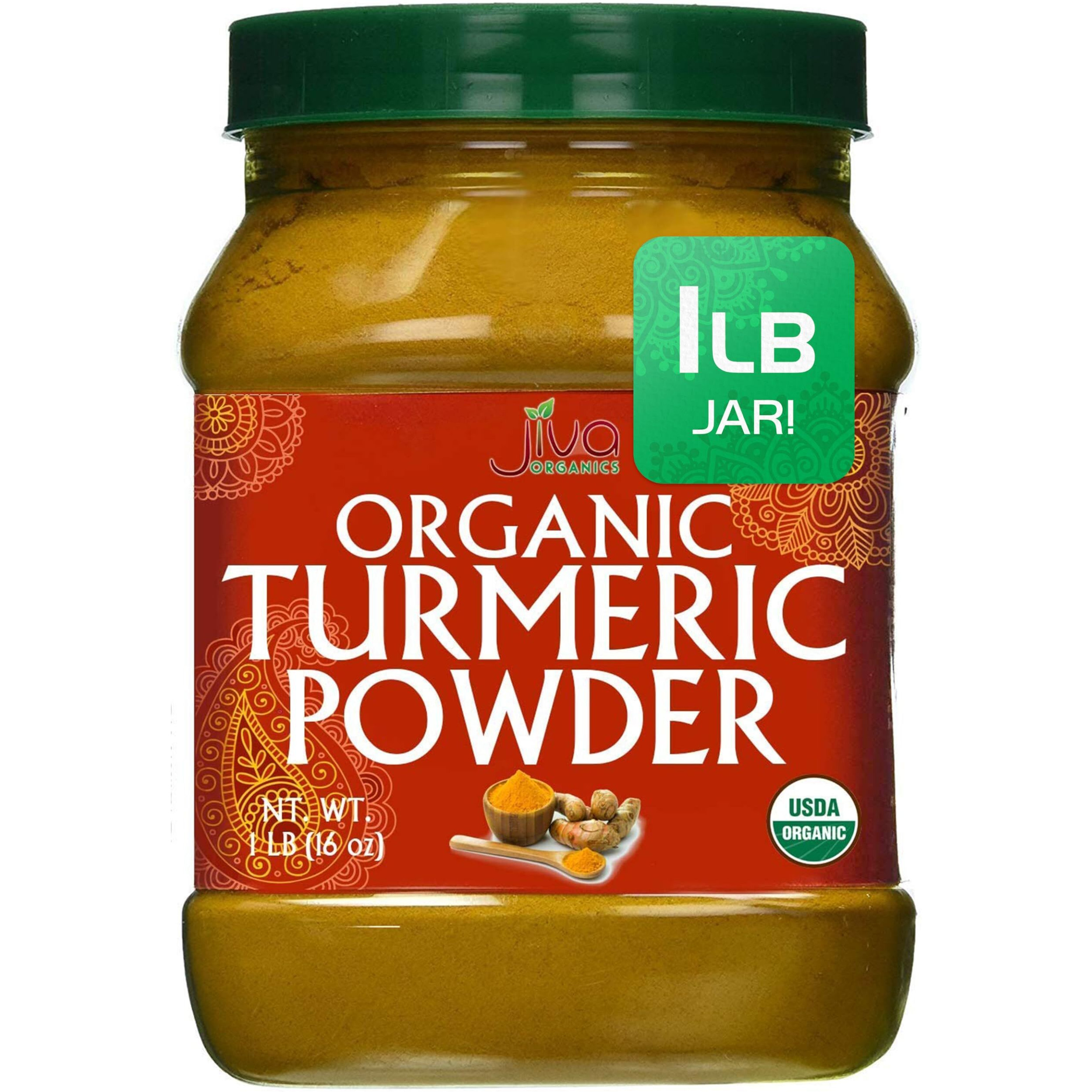 Organic Turmeric Powder 1 Pound Jar By Jiva Organics - 100% Raw With Curcumin - Lab Tested & Reports Available - Raw From India