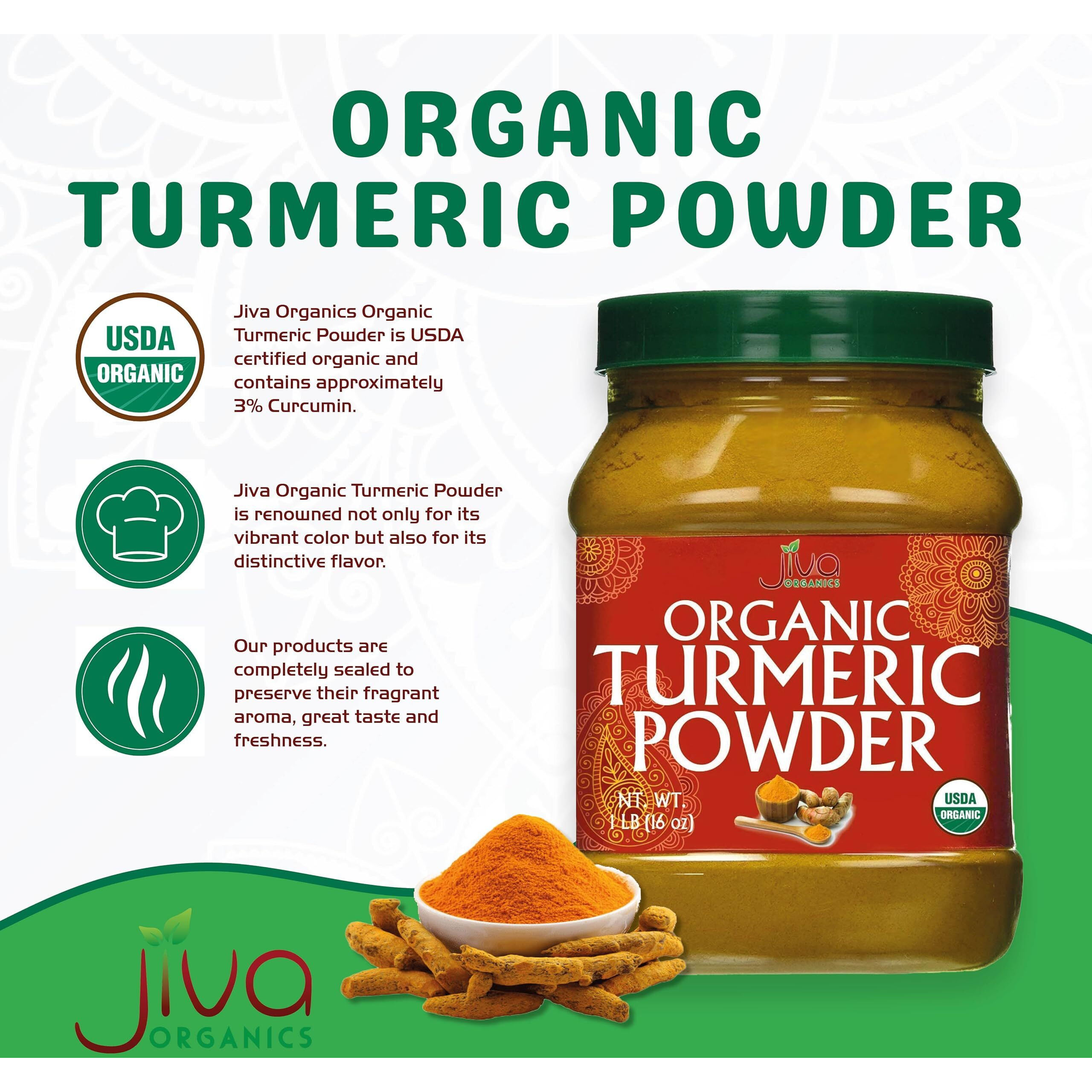 Organic Turmeric Powder 1 Pound Jar By Jiva Organics - 100% Raw With Curcumin - Lab Tested & Reports Available - Raw From India