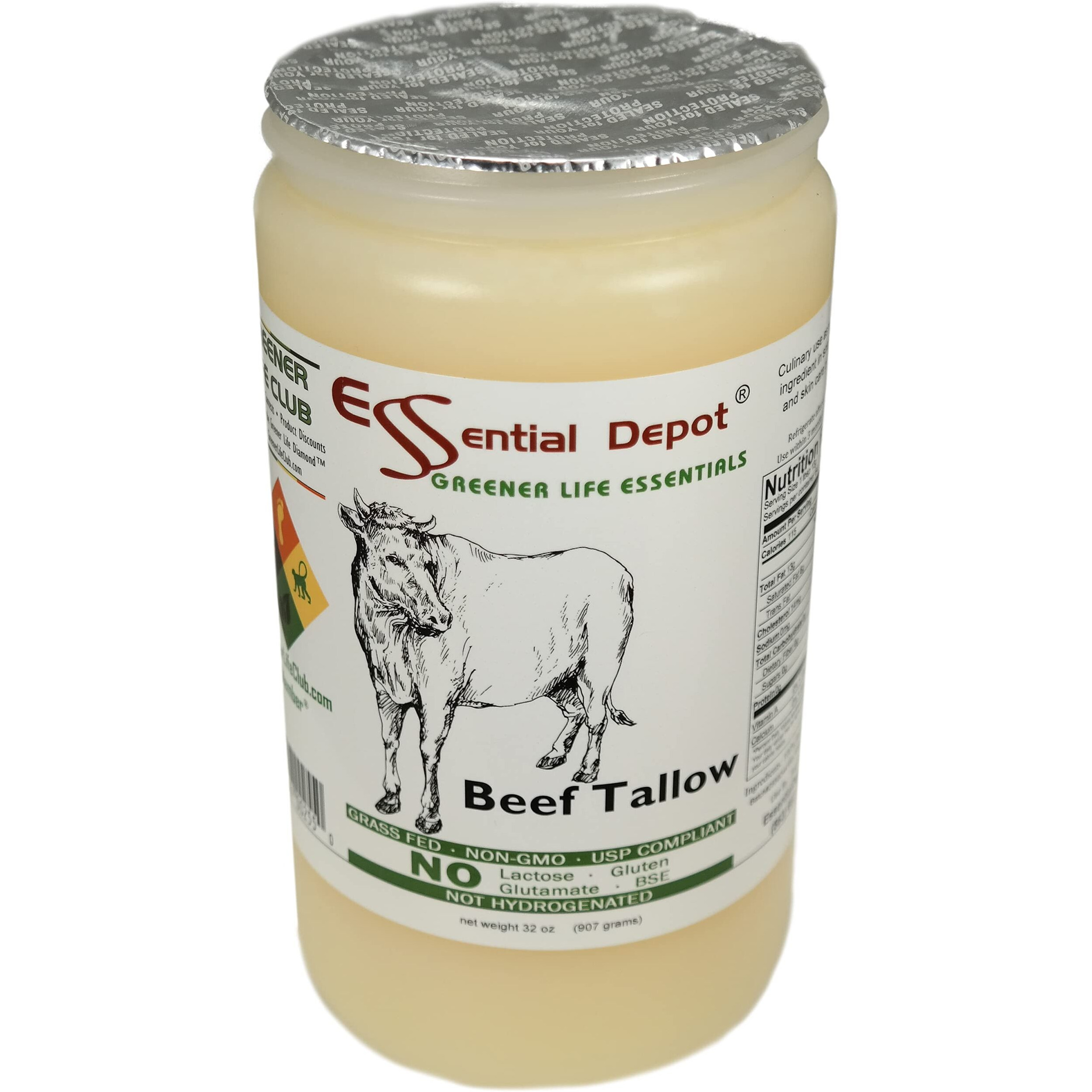 Beef Tallow - 1 Quart (32 Oz Nt Wt) - Grass Feed - Non-Gmo - Keto Friendly - Food Grade - Free From Lactose-Gluten-Glutamate-Bse - Safety Sealed Hdpe Container With Resealable Cap