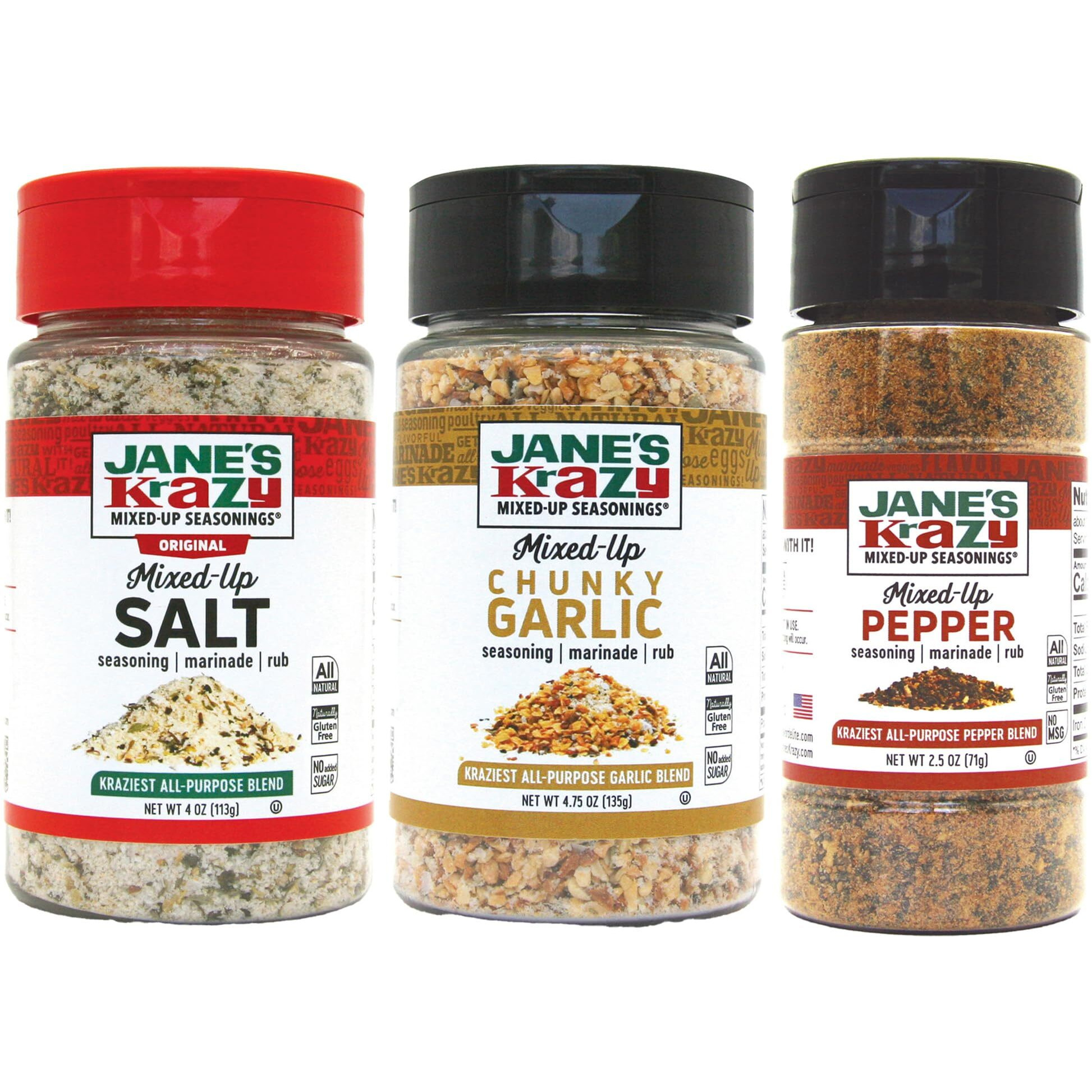 Jane's Krazy Mixed Up Seasonings Variety Pack Of 3 - Mixed-Up Salt Pepper And Garlic