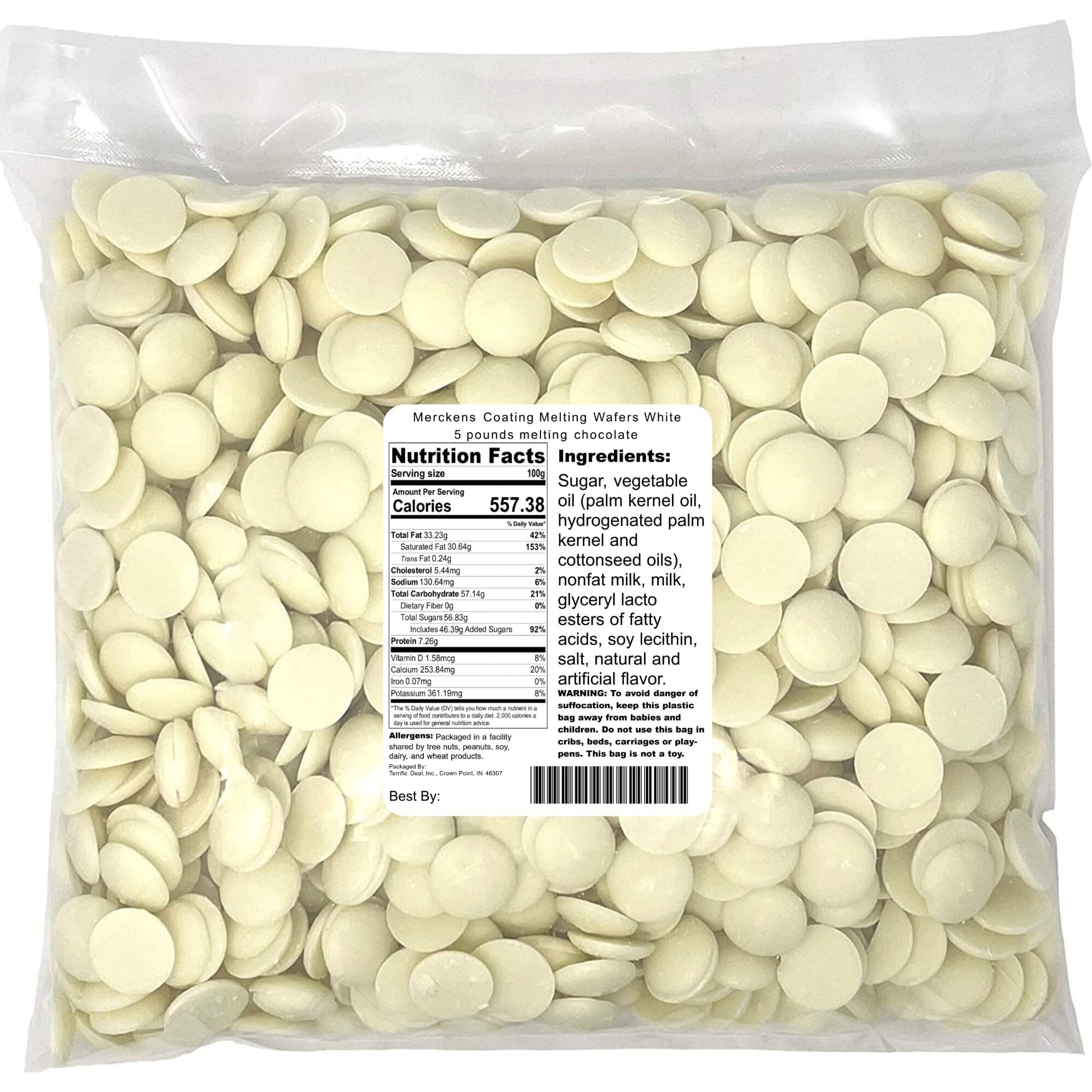 Merckens Coating Melting Wafers White 5 Pounds Melting Chocolate, 80 Ounce