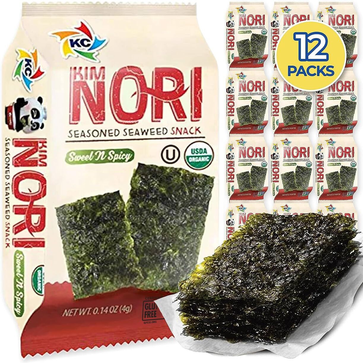 Kimnori Seasoned Seaweed Snacks Sheets - Organic Sweet 'N Spicy Flavor 12 Individual Packs Roasted Crispy Premium 100% Natural Laver Kim Nori 4G 0.14 Ounce