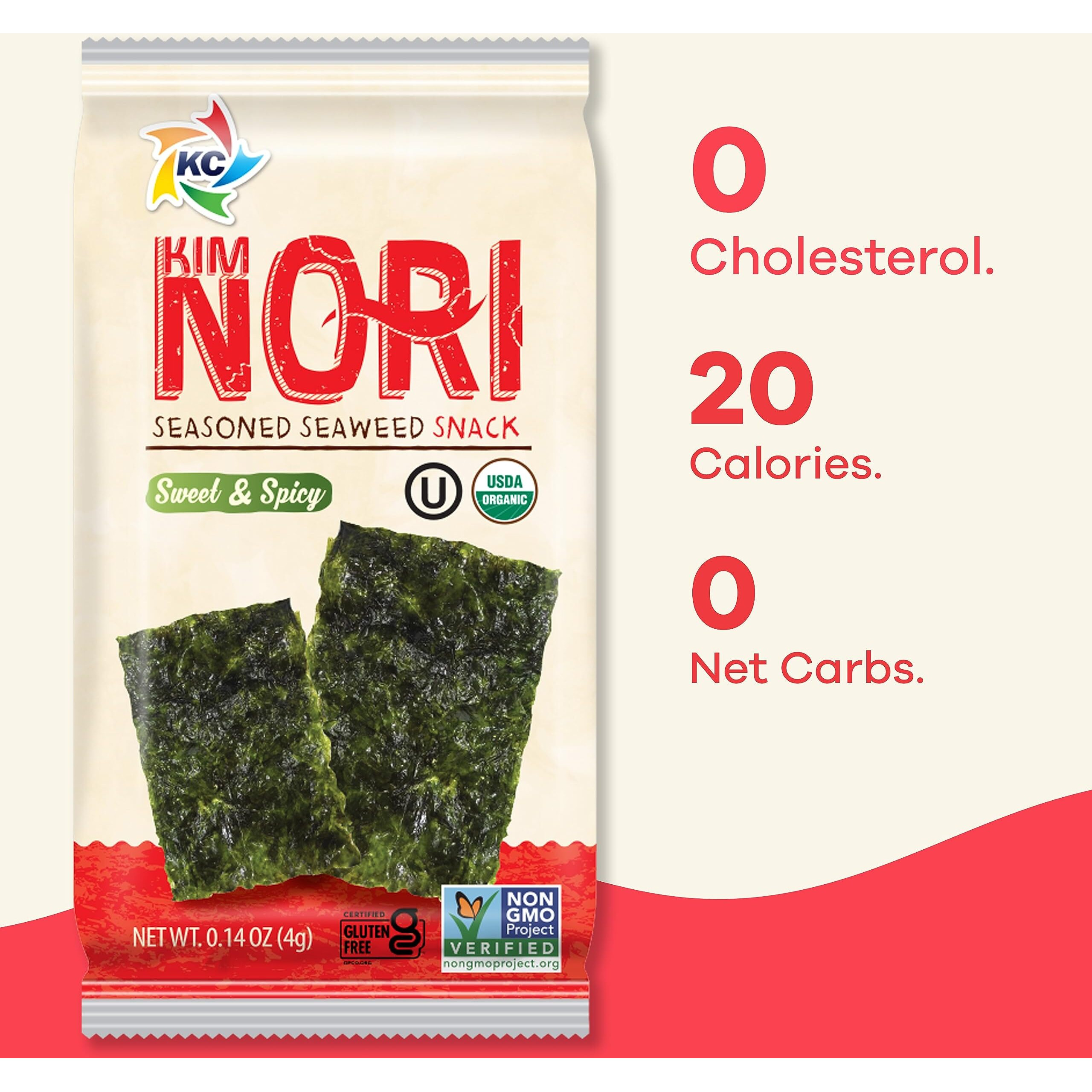 Kimnori Seasoned Seaweed Snacks Sheets - Organic Sweet 'N Spicy Flavor 12 Individual Packs Roasted Crispy Premium 100% Natural Laver Kim Nori 4G 0.14 Ounce