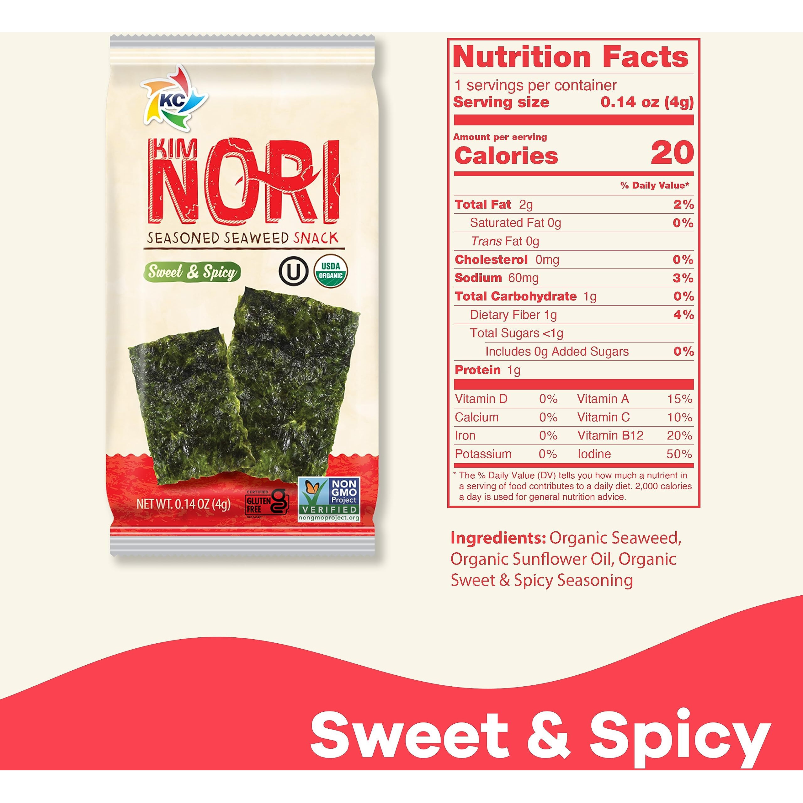 Kimnori Seasoned Seaweed Snacks Sheets - Organic Sweet 'N Spicy Flavor 12 Individual Packs Roasted Crispy Premium 100% Natural Laver Kim Nori 4G 0.14 Ounce