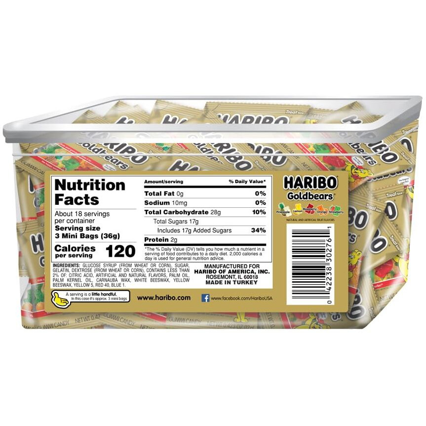 Haribo Gummi Candy, Original Goldbears Gummy Bears, 22.8 Ounce Tub (54 Treat Size Packs) Delicious Soft & Chewy Sweet Snacks, Assorted Fruity Flavors