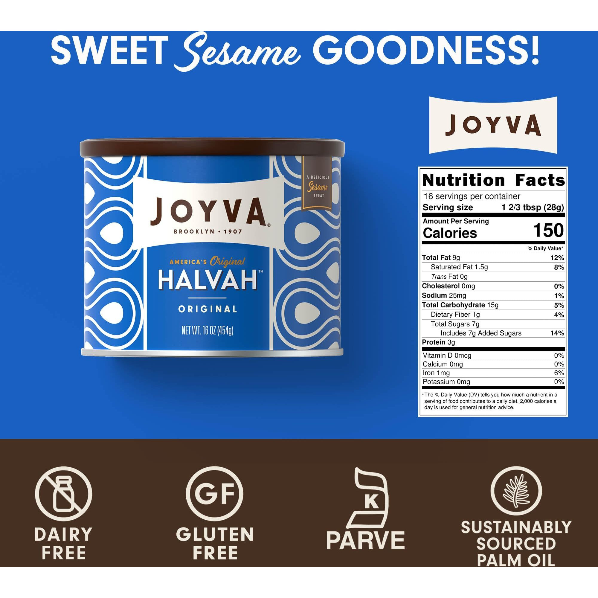 Joyva Halvah - Original, 16Oz Pack Of 1| A Delicious Sesame Treat | Dairy Free, Gluten-Free & Kosher Parve | Handcrafted In Brooklyn