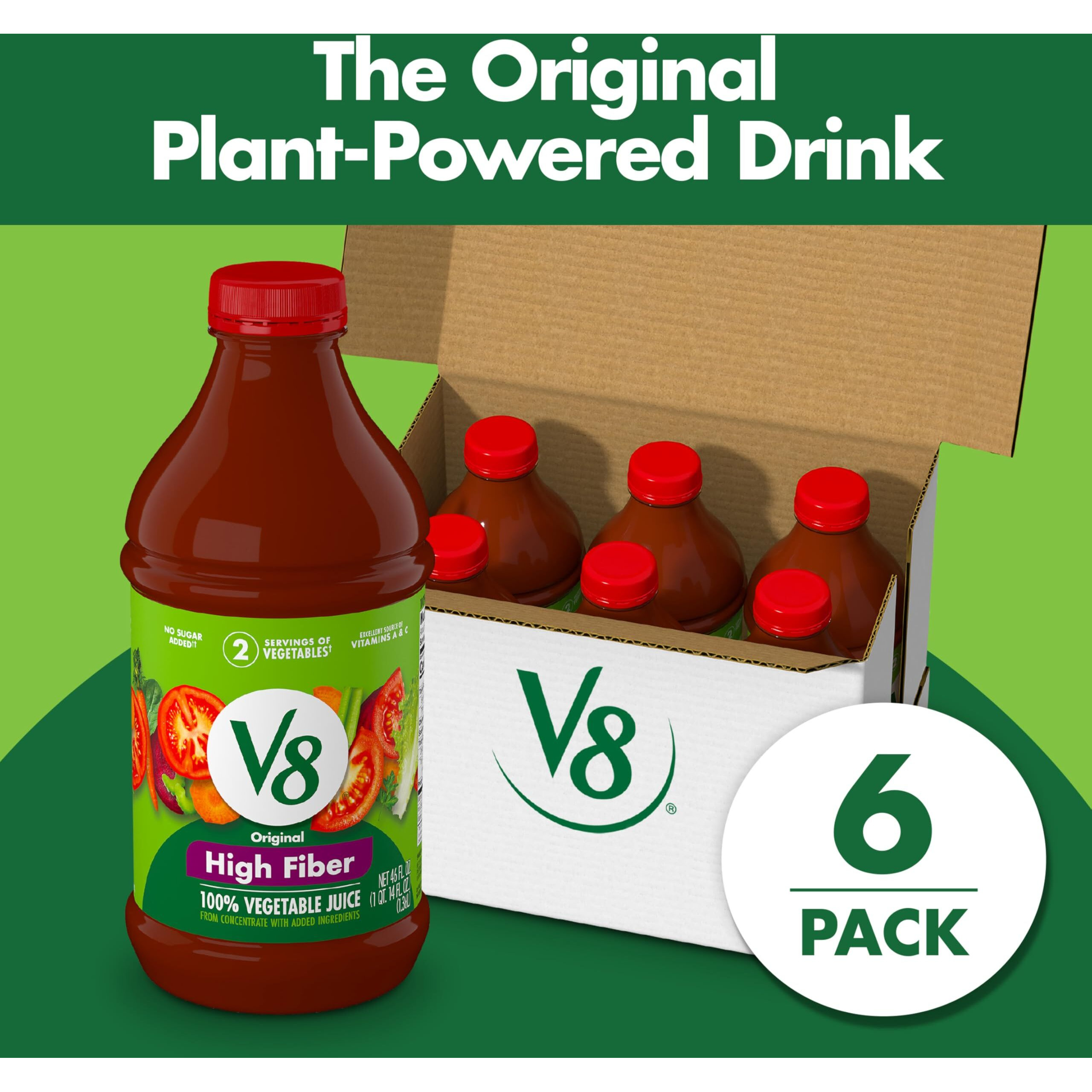 V8 High Fiber Original 100% Vegetable Juice, 46 Fl Oz Bottle (6 Pack)