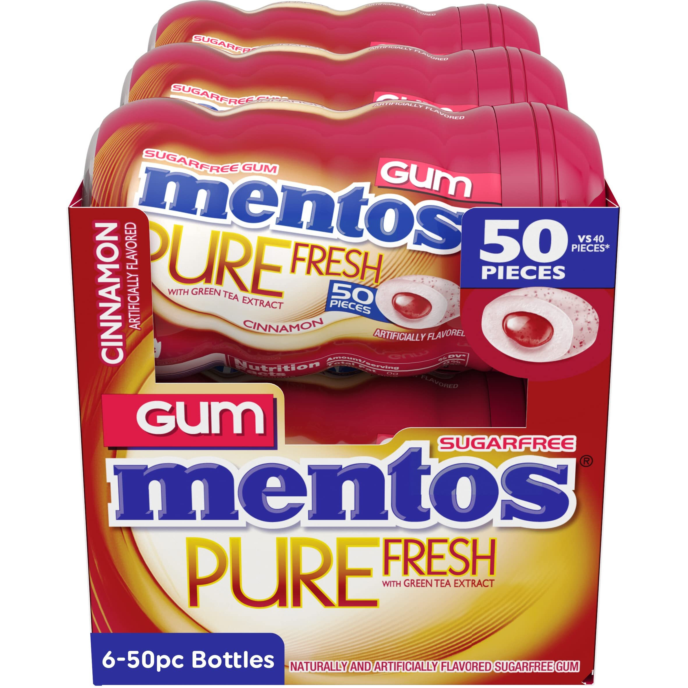 Mentos Pure Fresh Sugar-Free Chewing Gum With Xylitol, Cinnamon, Bulk, 50 Piece Bottle (Pack Of 6)