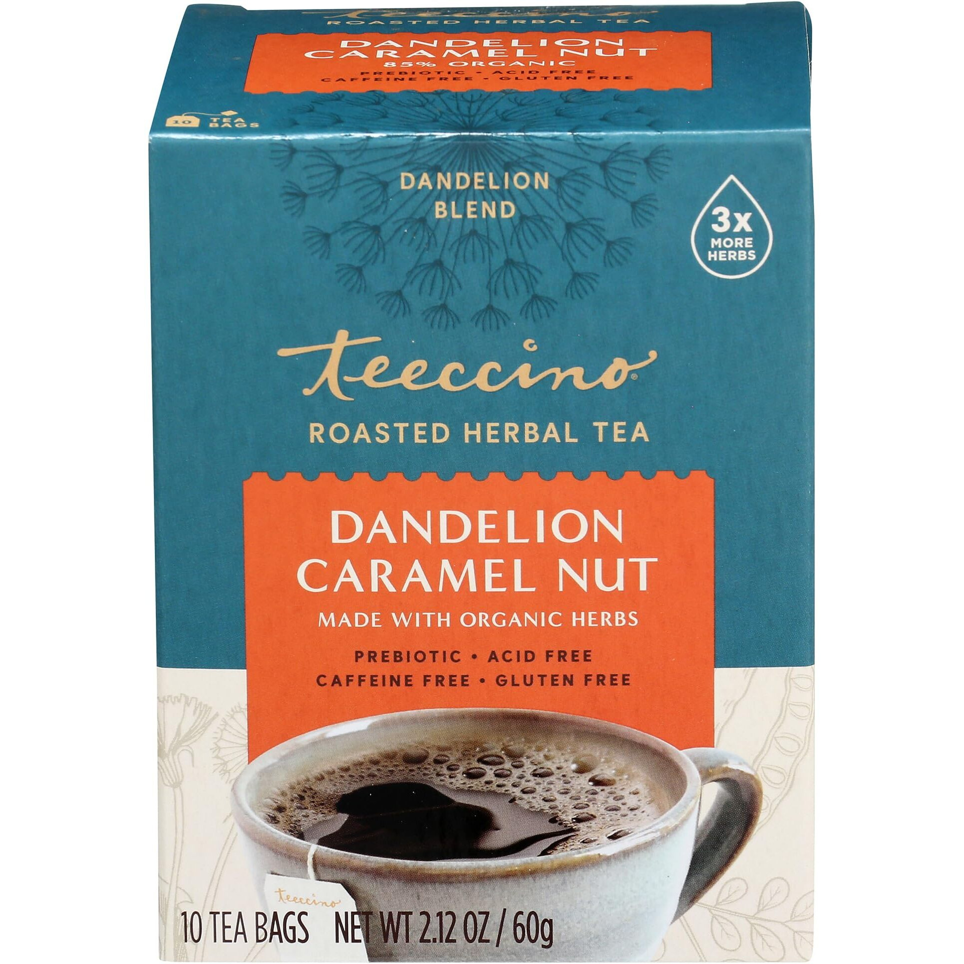 Teeccino Dandelion Caramel Nut Tea - Caffeine Free, Roasted Herbal Tea With Prebiotics, 3X More Herbs Than Regular Tea Bags, Gluten Free - 10 Tea Bags