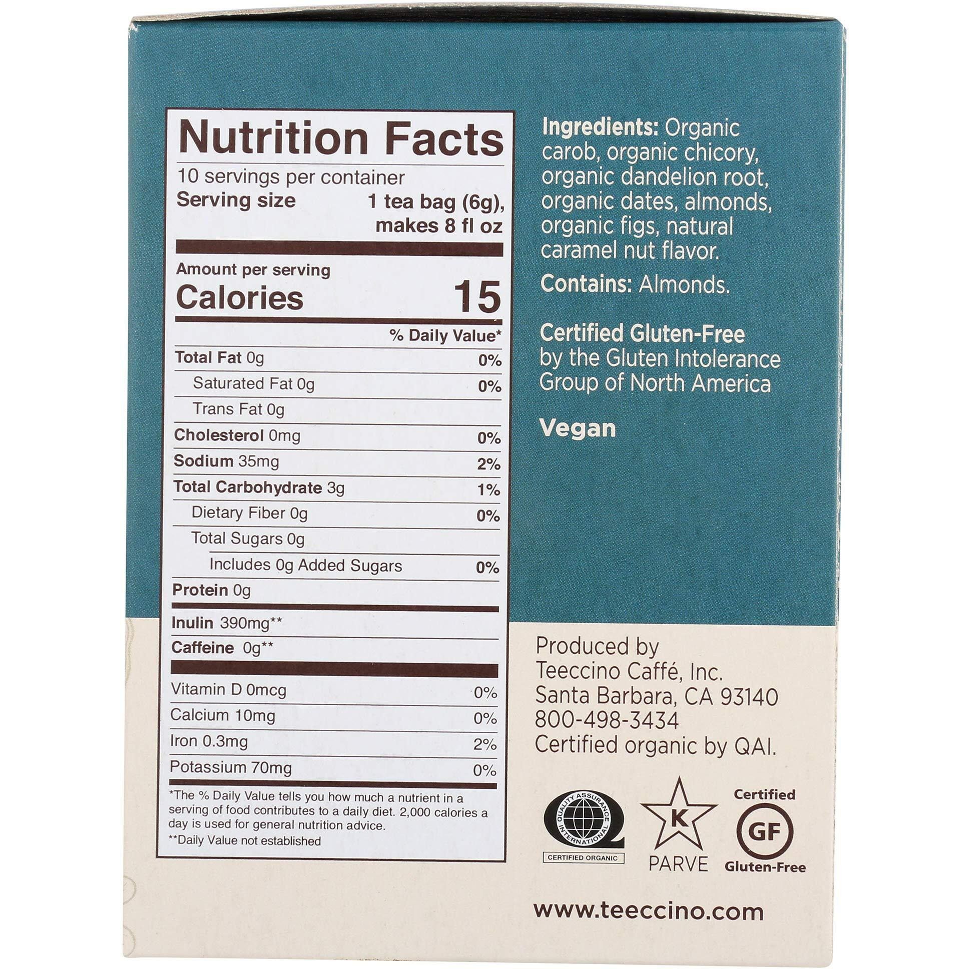 Teeccino Dandelion Caramel Nut Tea - Caffeine Free, Roasted Herbal Tea With Prebiotics, 3X More Herbs Than Regular Tea Bags, Gluten Free - 10 Tea Bags