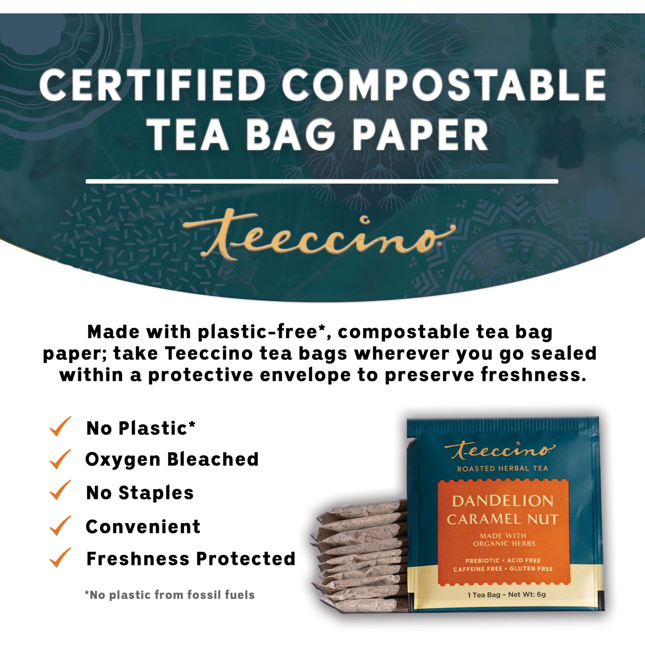 Teeccino Dandelion Caramel Nut Tea - Caffeine Free, Roasted Herbal Tea With Prebiotics, 3X More Herbs Than Regular Tea Bags, Gluten Free - 10 Tea Bags