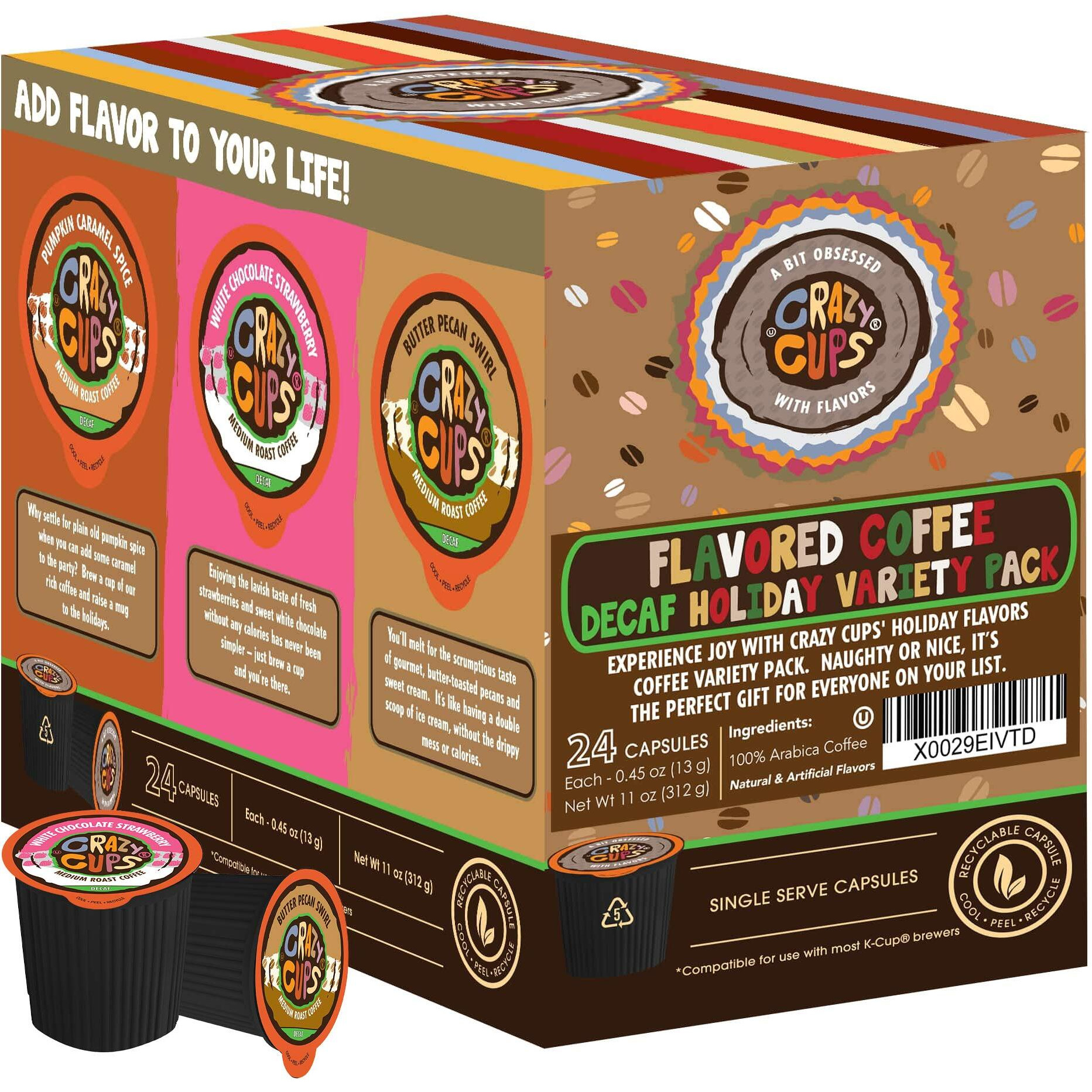 Crazy Cups Flavored Decaf Coffee Variety Pack, Hot Or Iced Coffee For Keurig K Cups Machines, Decaf Variety Pack Coffee In Recyclable Pods, 24 Count (Pack Of 1)