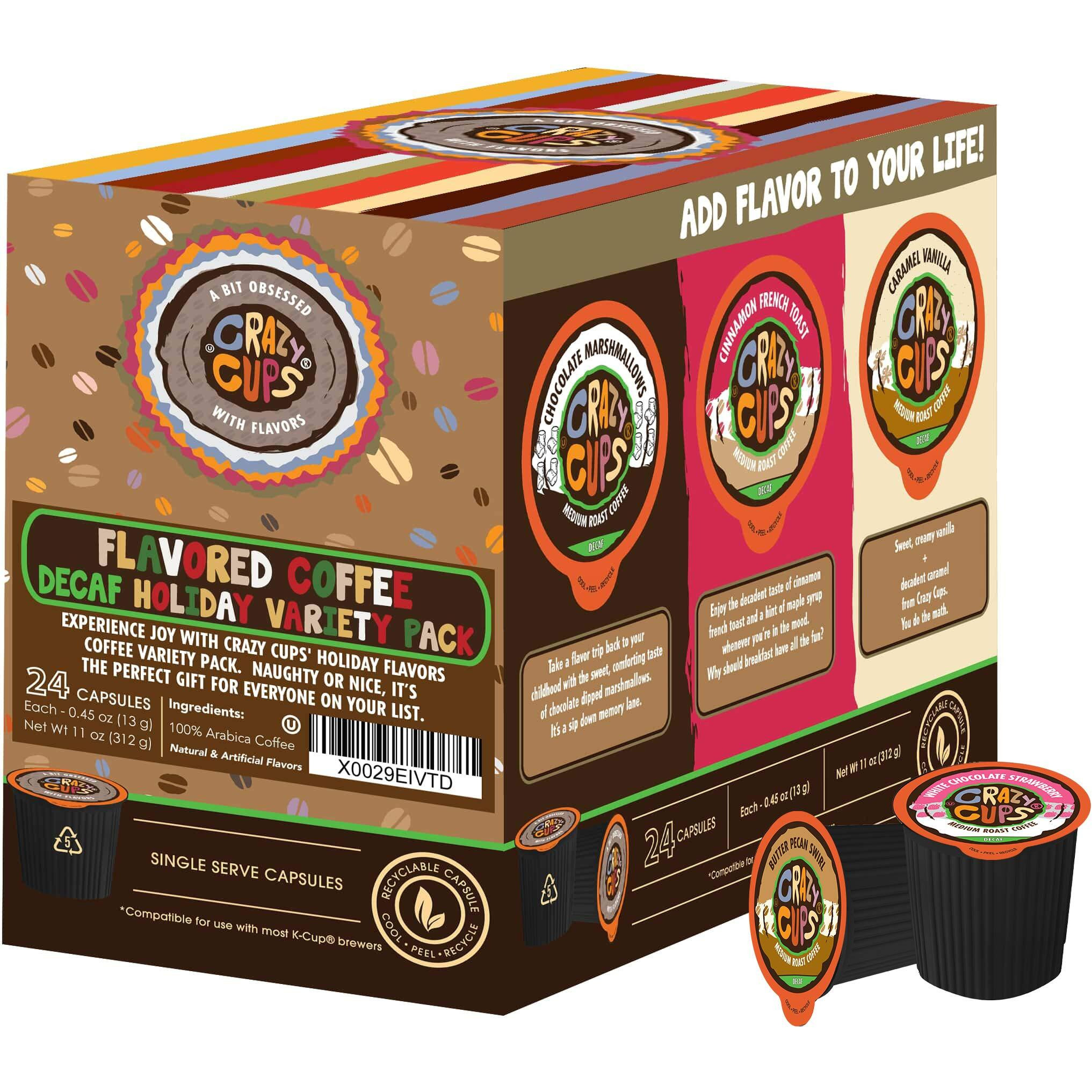 Crazy Cups Flavored Decaf Coffee Variety Pack, Hot Or Iced Coffee For Keurig K Cups Machines, Decaf Variety Pack Coffee In Recyclable Pods, 24 Count (Pack Of 1)