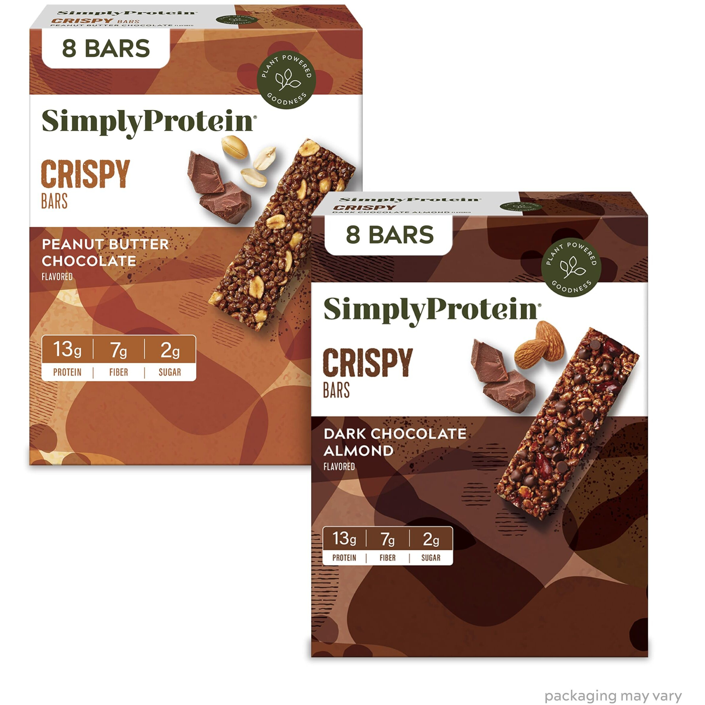 Simply Protein - Crispy Bars Variety Pack, Peanut Butter + Dark Chocolate Almond - Plant Based Protein Bars - 13G Protein, 2G Sugar, 7G Fiber - Vegan, Gluten Free, Non Gmo - 16 Bars, 2 Boxes