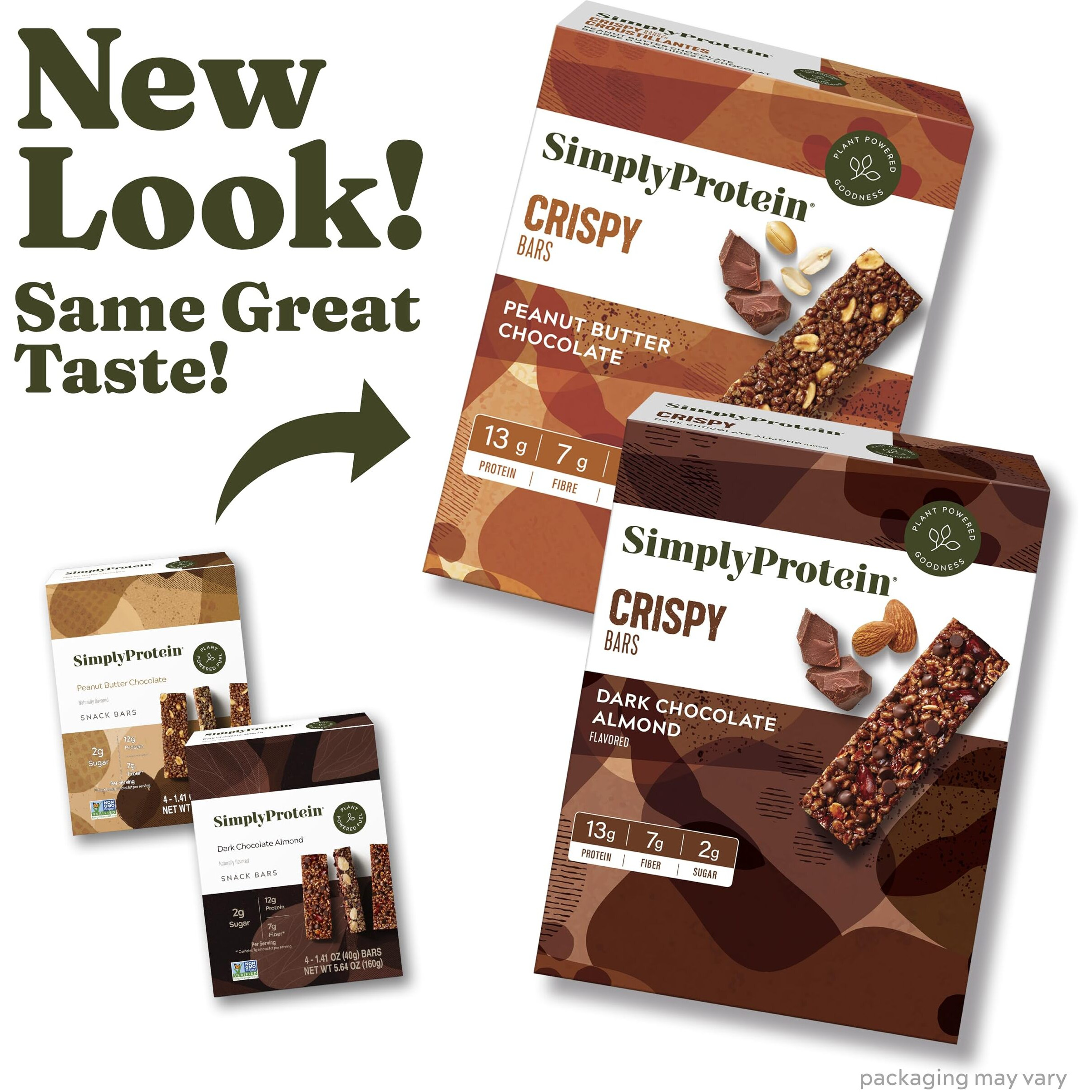 Simply Protein - Crispy Bars Variety Pack, Peanut Butter + Dark Chocolate Almond - Plant Based Protein Bars - 13G Protein, 2G Sugar, 7G Fiber - Vegan, Gluten Free, Non Gmo - 16 Bars, 2 Boxes