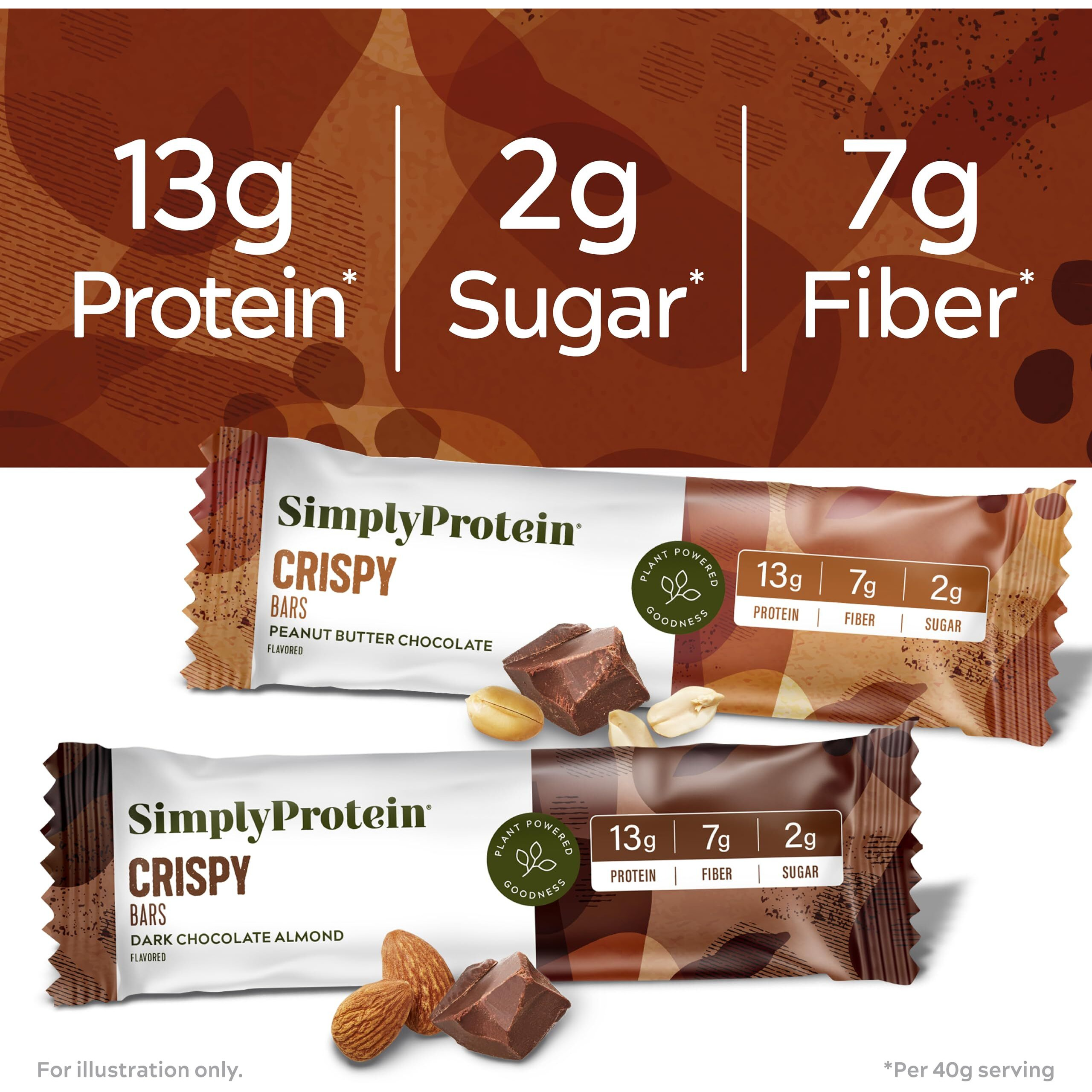 Simply Protein - Crispy Bars Variety Pack, Peanut Butter + Dark Chocolate Almond - Plant Based Protein Bars - 13G Protein, 2G Sugar, 7G Fiber - Vegan, Gluten Free, Non Gmo - 16 Bars, 2 Boxes