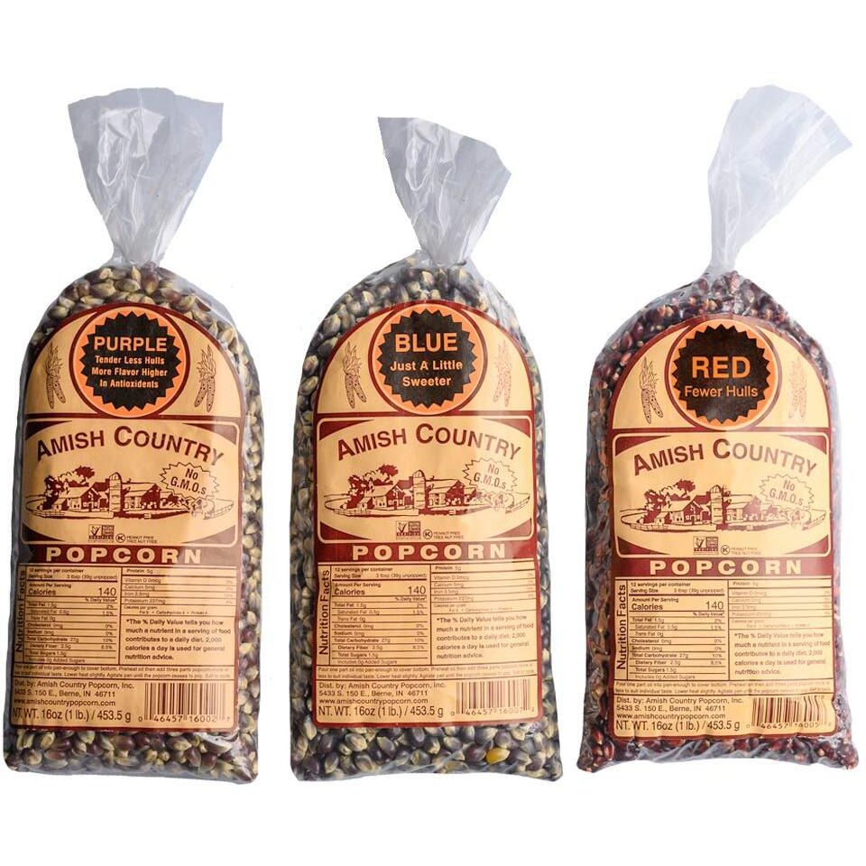 Amish Country Popcorn | 3-1 Lb Bags | Purple, Red And Blue Popcorn Kernels | Old Fashioned, Non-Gmo And Gluten Free (3-1 Lb Bags)