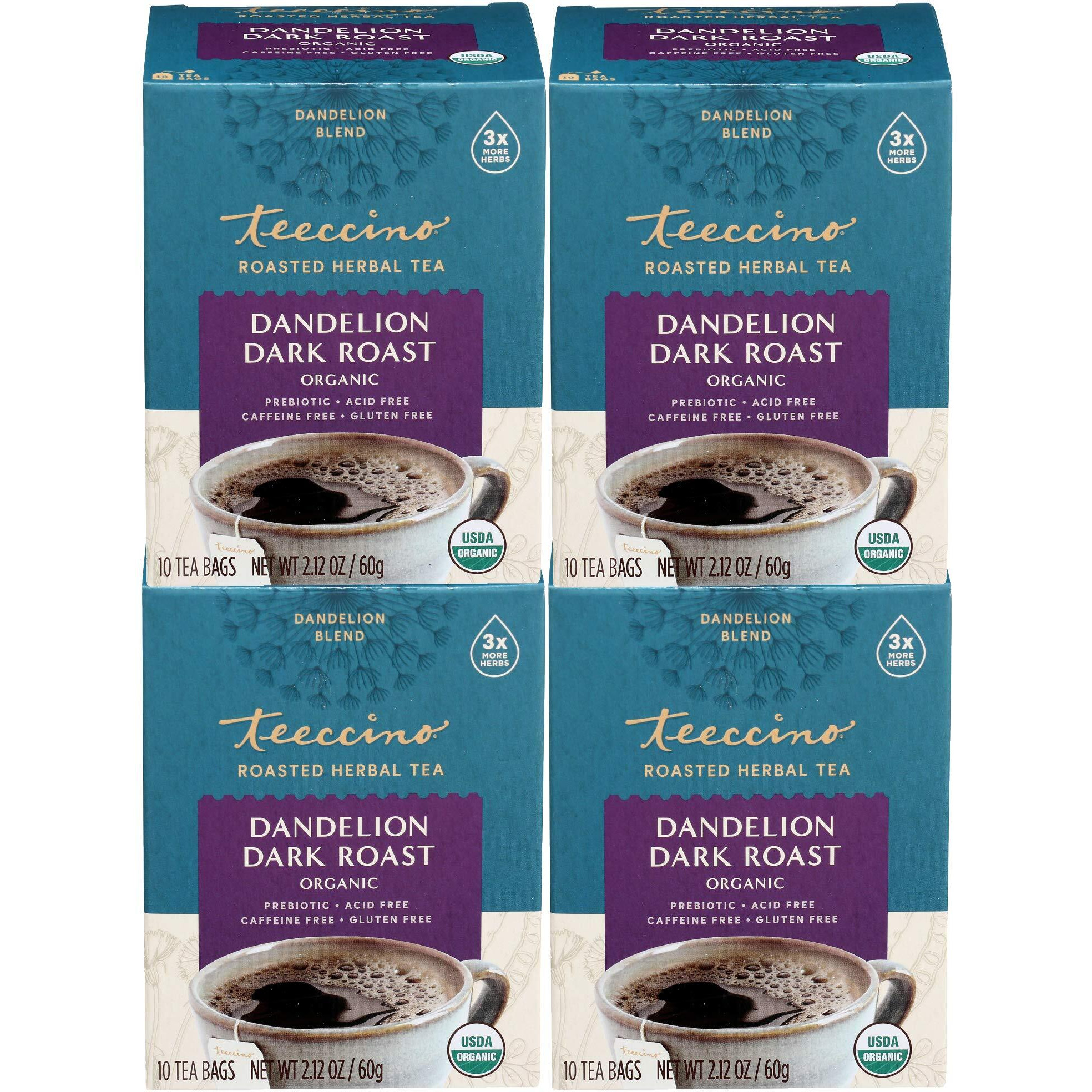 Teeccino Dandelion Tea - Dark Roast - Rich & Roasted Herbal Tea Thats Caffeine Free & Prebiotic With Detoxifying Dandelion Root, 10 Tea Bags (Pack Of 4)