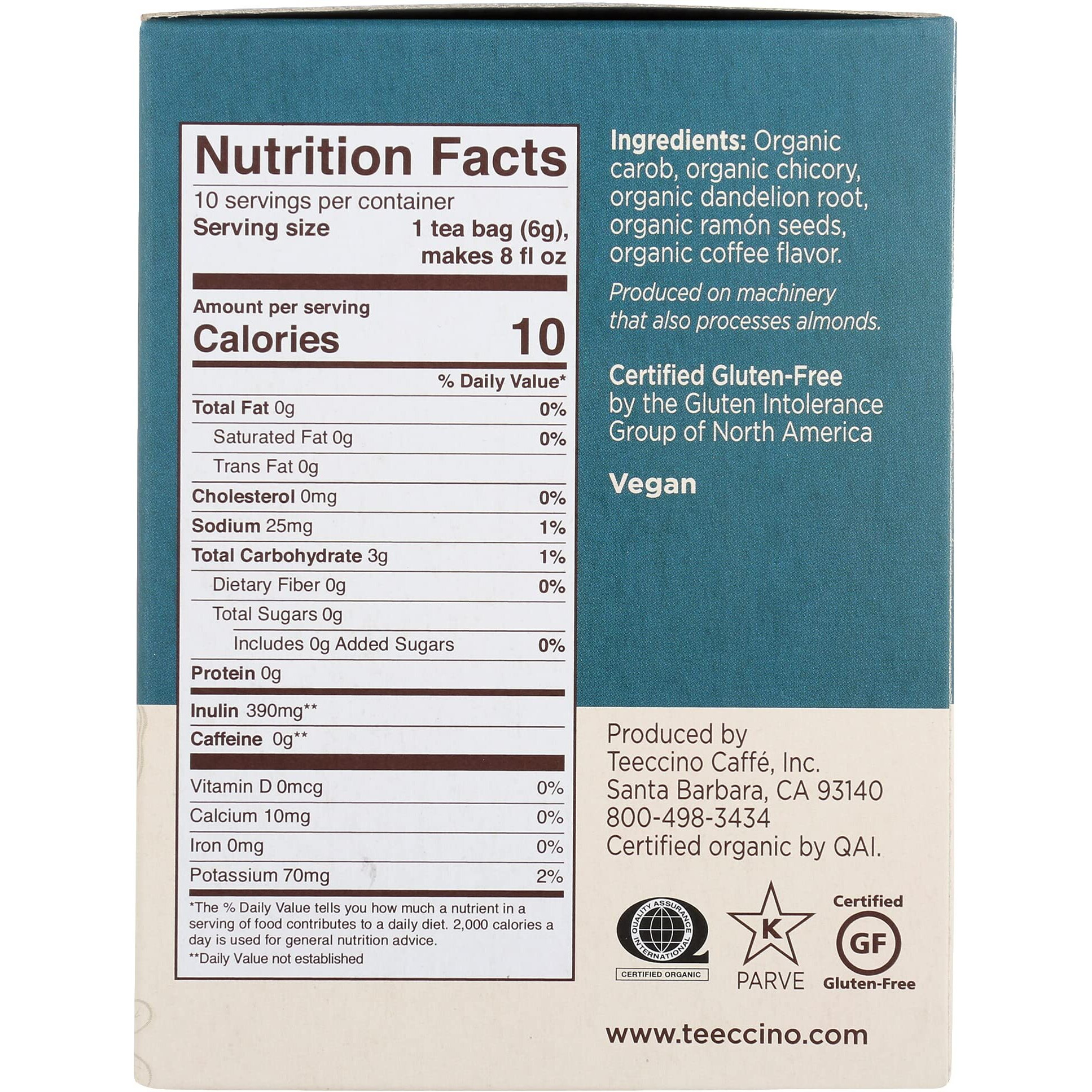 Teeccino Dandelion Tea - Dark Roast - Rich & Roasted Herbal Tea Thats Caffeine Free & Prebiotic With Detoxifying Dandelion Root, 10 Tea Bags (Pack Of 4)