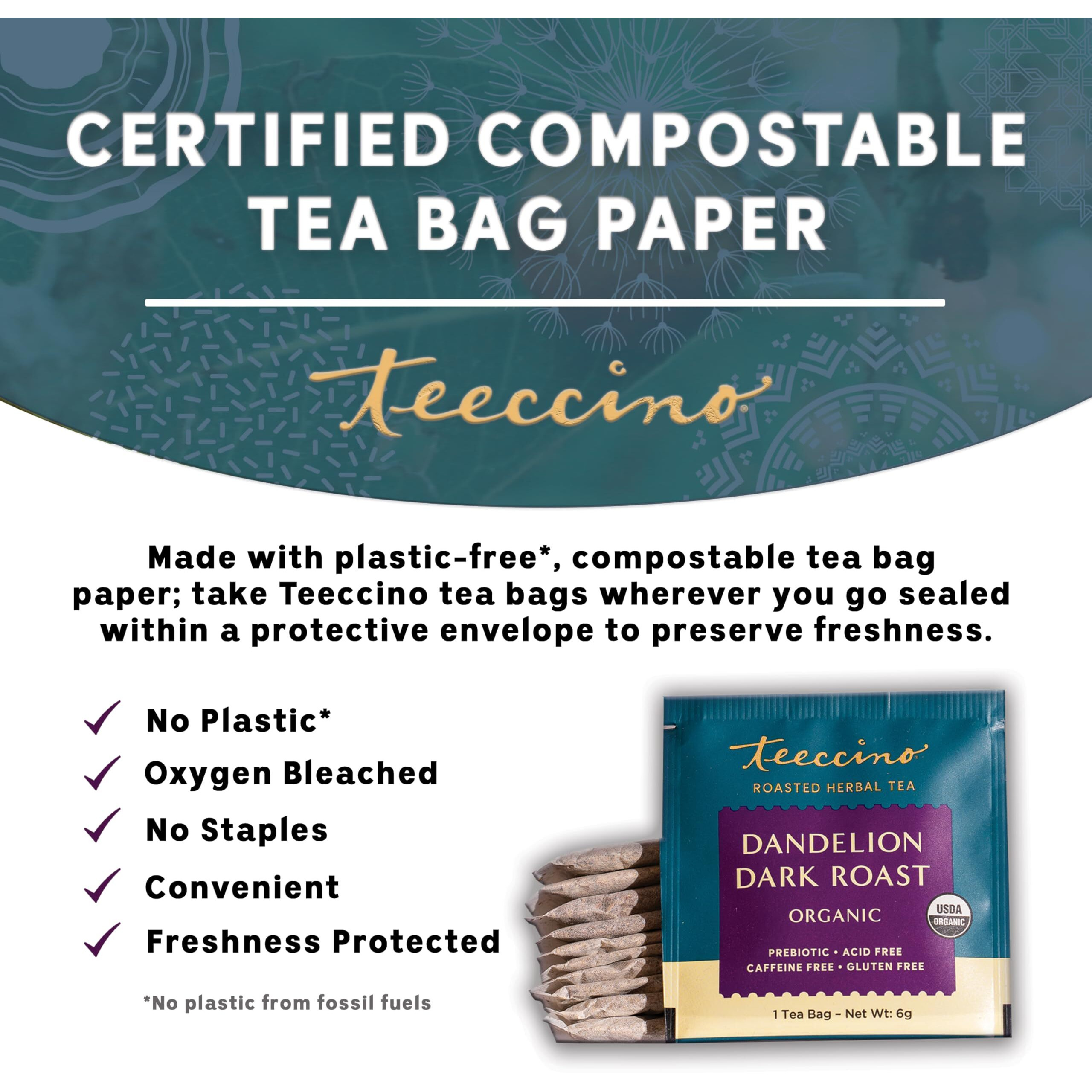 Teeccino Dandelion Tea - Dark Roast - Rich & Roasted Herbal Tea Thats Caffeine Free & Prebiotic With Detoxifying Dandelion Root, 10 Tea Bags (Pack Of 4)