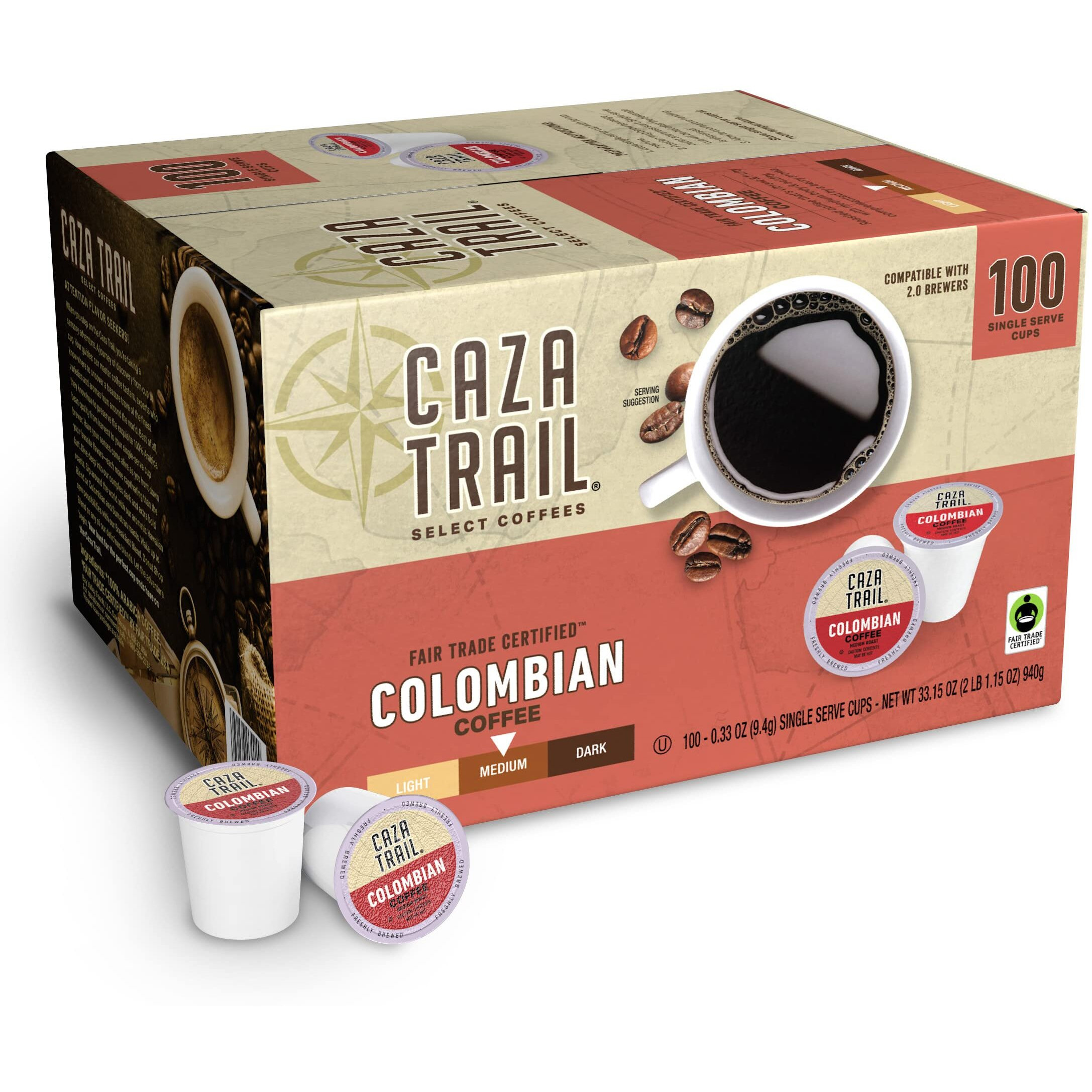 Caza Trail Coffee Pods, Colombian, Single Serve (Pack Of 100) (Packaging May Vary)