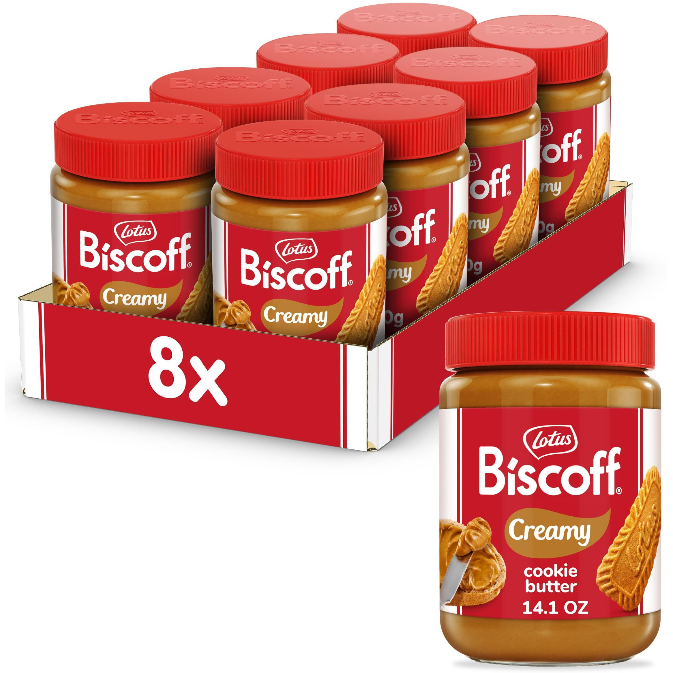 Lotus Biscoff, Cookie Butter Spread, Creamy, Non Gmo + Vegan, 14.1 Oz, Pack Of 8