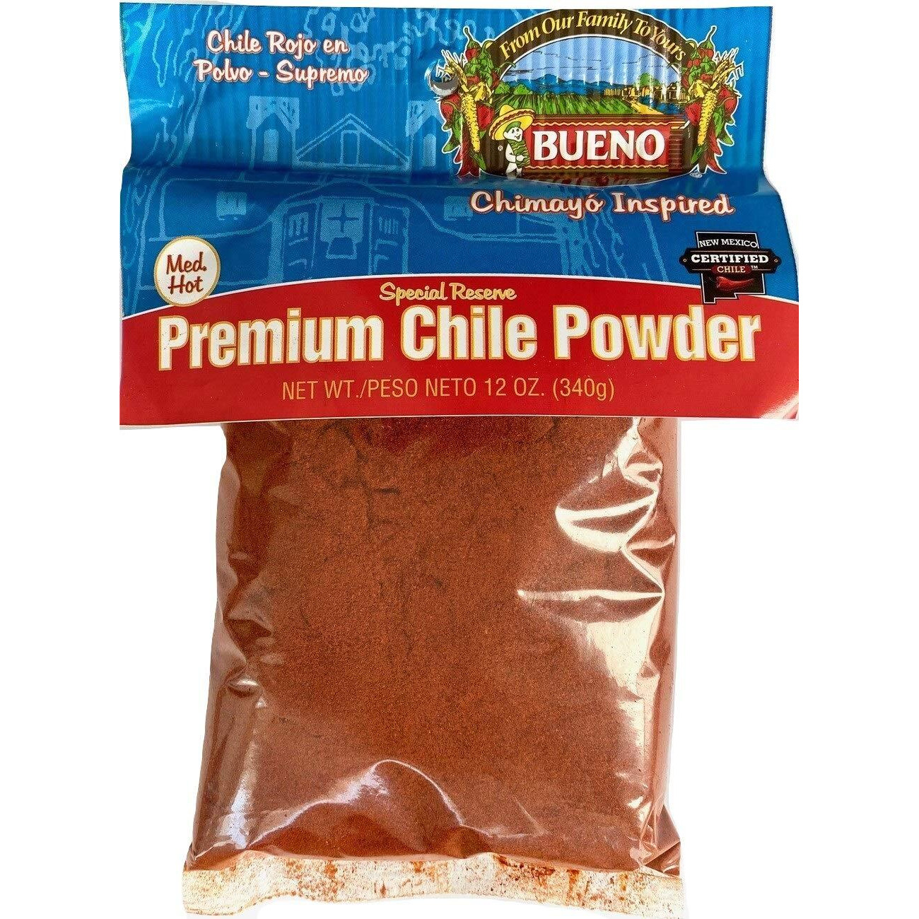 Bueno Medium Hot Red Chile Powder - Special Reserve Chimayo Chile Powder - Made From New Mexico Dried Red Chile Peppers - 12 Ounce Bag