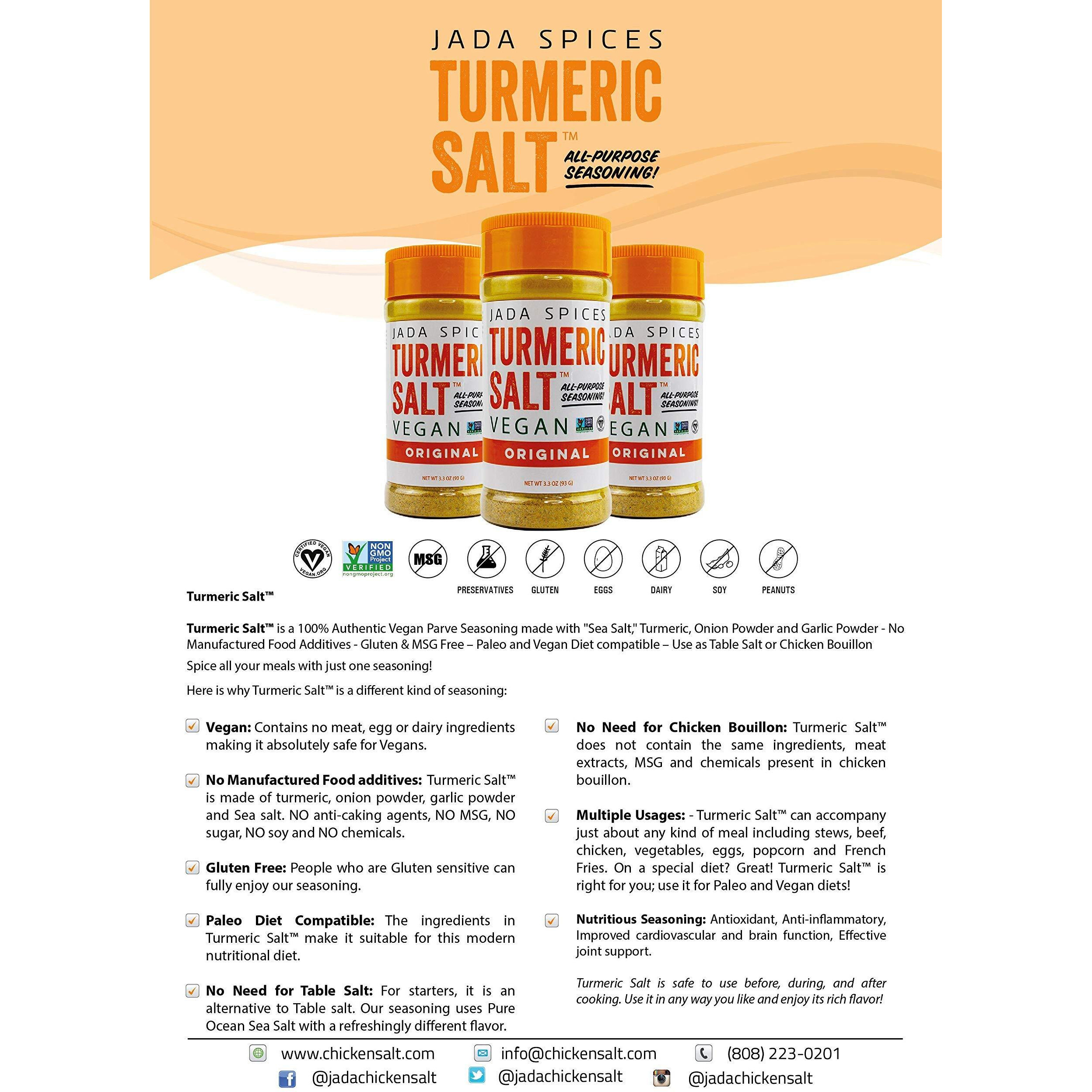 Jada Spices Turmeric Salt Spice And Seasoning - Vegan, Keto & Paleo Friendly - Perfect For Cooking, Bbq, Grilling, Rubs, Popcorn And More - Preservative & Additive Free