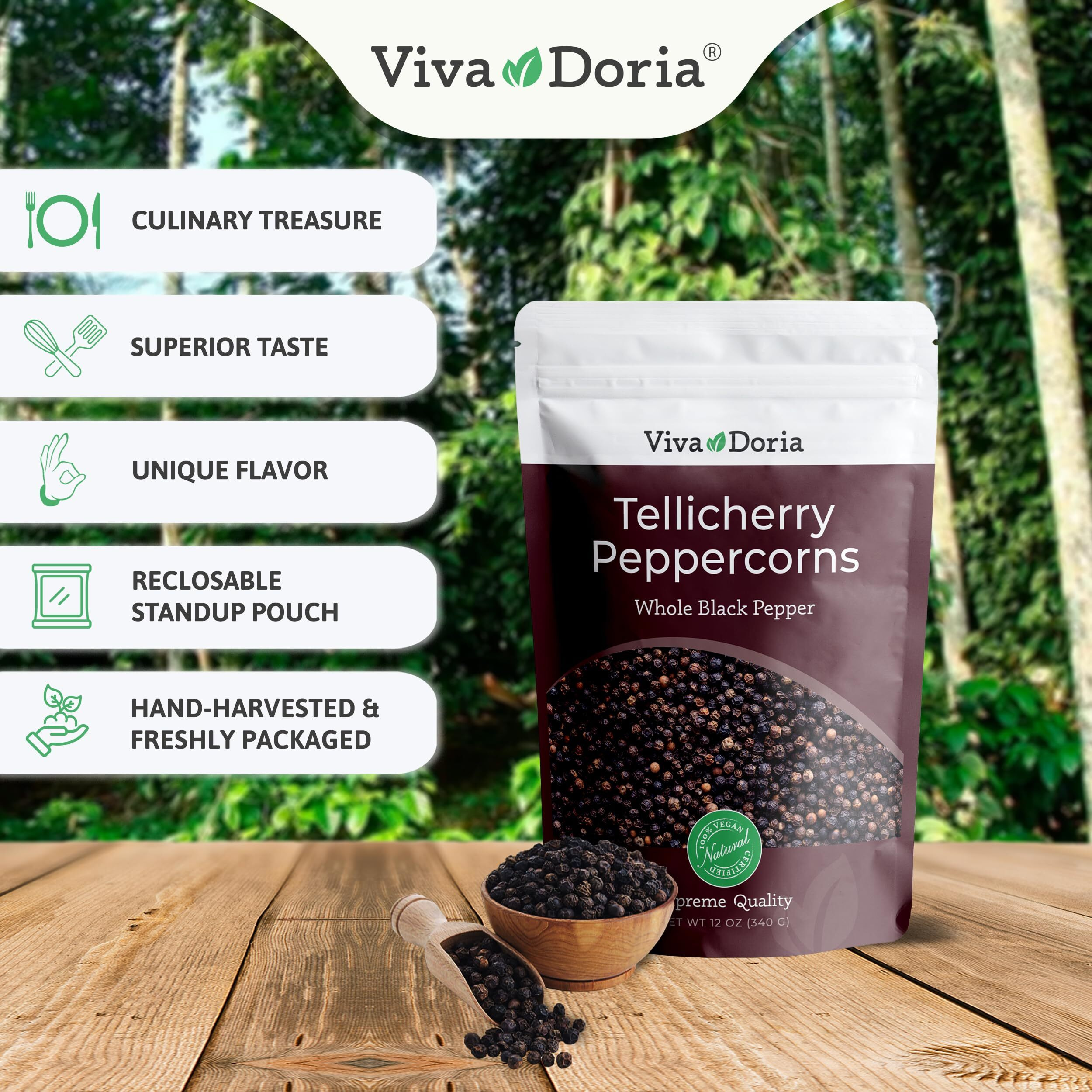 Viva Doria Tellicherry Peppercorn, Whole Black Pepper, Steam Sterilized Black Peppercorns, 12 Oz