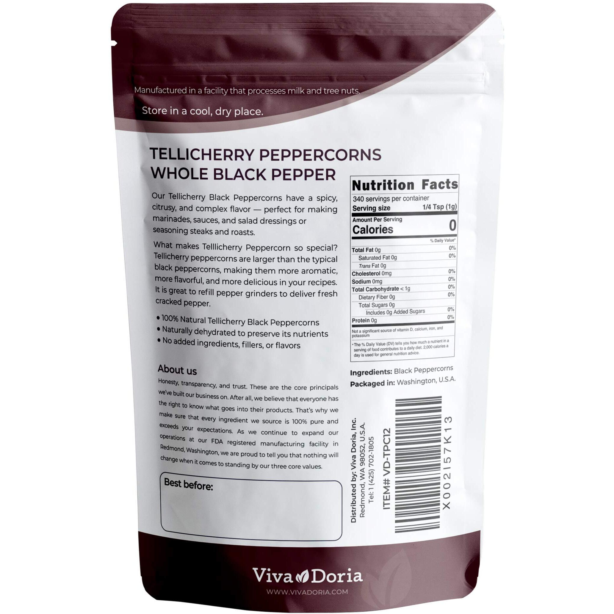Viva Doria Tellicherry Peppercorn, Whole Black Pepper, Steam Sterilized Black Peppercorns, 12 Oz