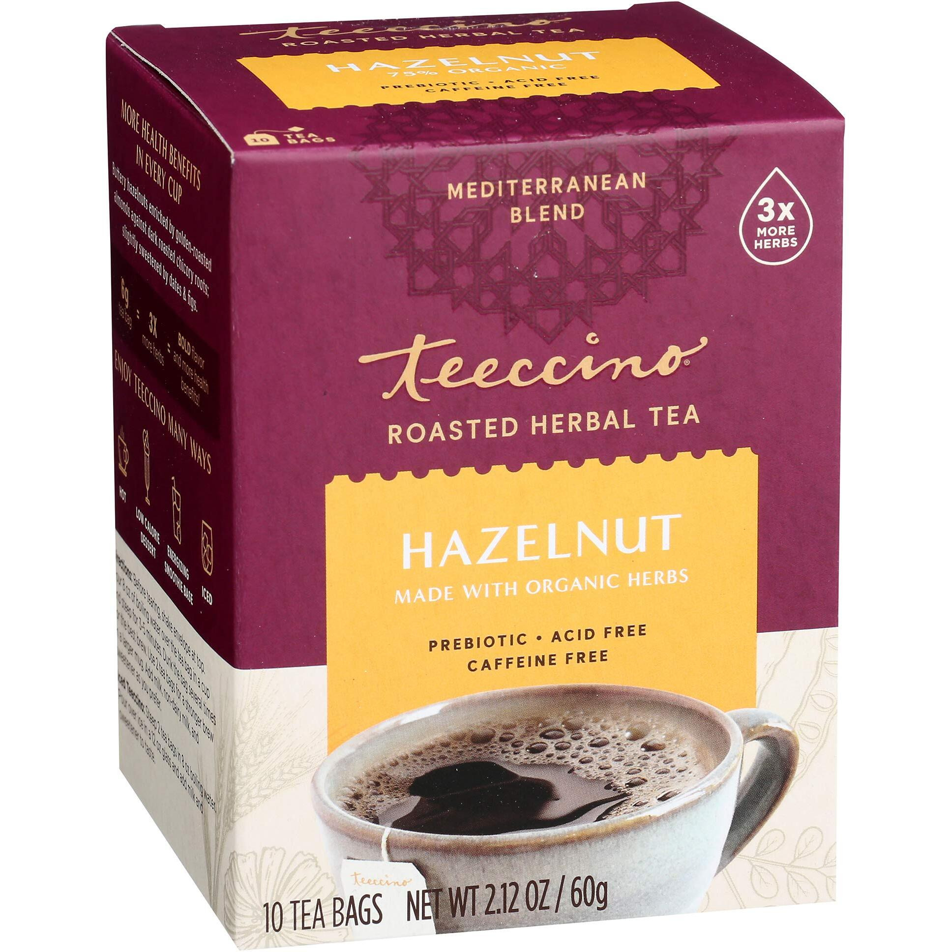 Teeccino Hazelnut Roasted Herbal Tea - Caffeine Free, Prebiotic, 3X More Herbs - 10 Tea Bags