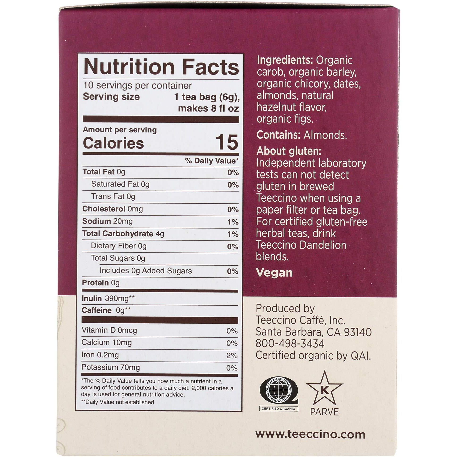 Teeccino Hazelnut Roasted Herbal Tea - Caffeine Free, Prebiotic, 3X More Herbs - 10 Tea Bags