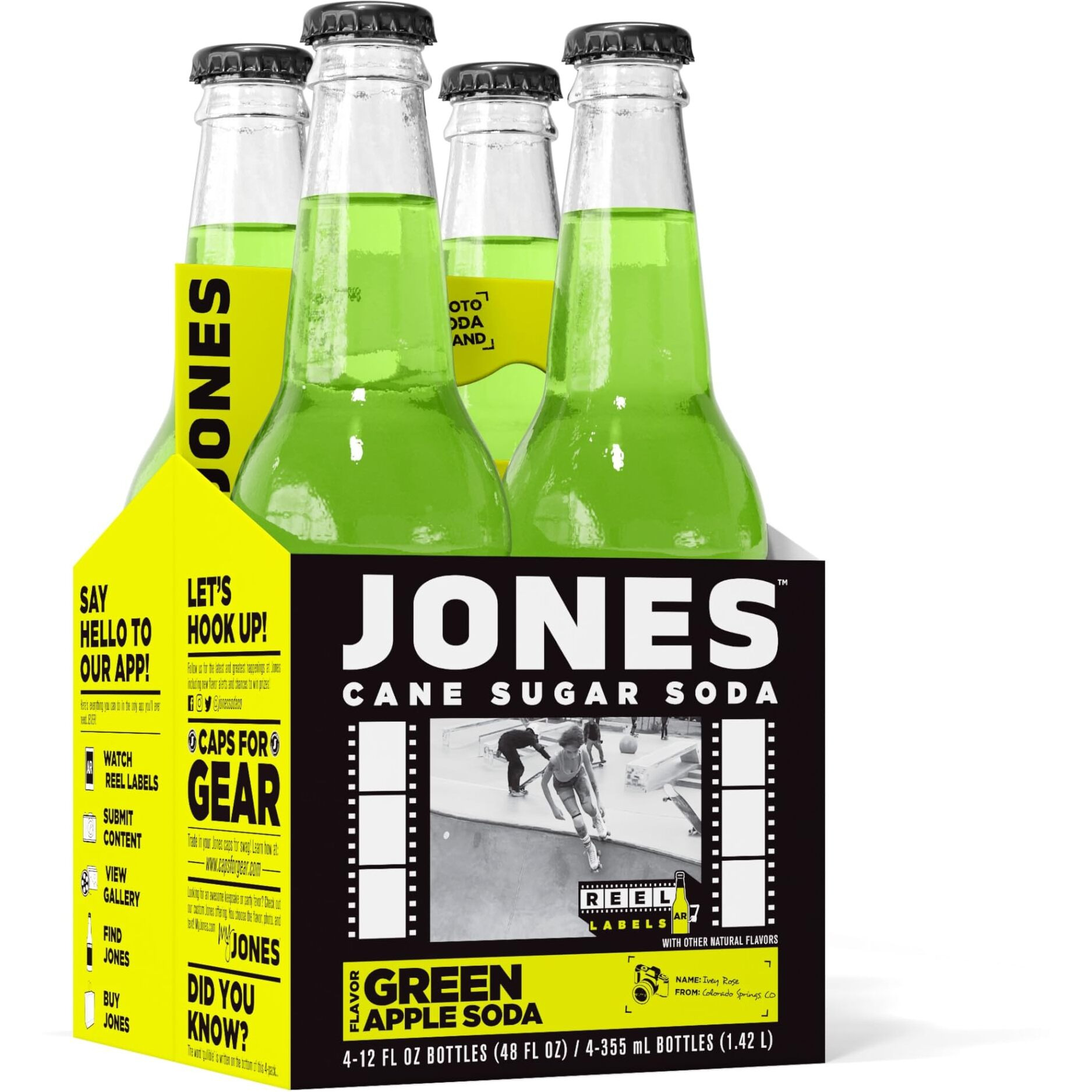 Four(4) Bottles - Jones Soda Co. Green Apple Soda Flavor | 100% Cane Sugar Soda | Craft Soda Pop | Soda Soft Drinks | Glass Bottle Soda