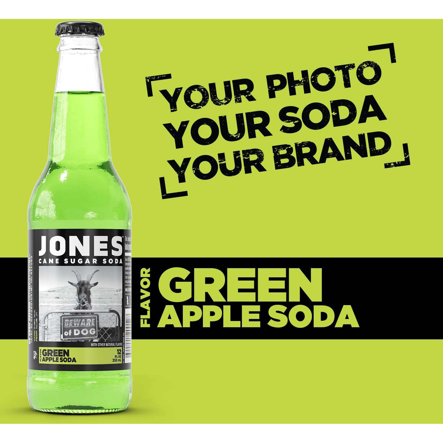 Four(4) Bottles - Jones Soda Co. Green Apple Soda Flavor | 100% Cane Sugar Soda | Craft Soda Pop | Soda Soft Drinks | Glass Bottle Soda