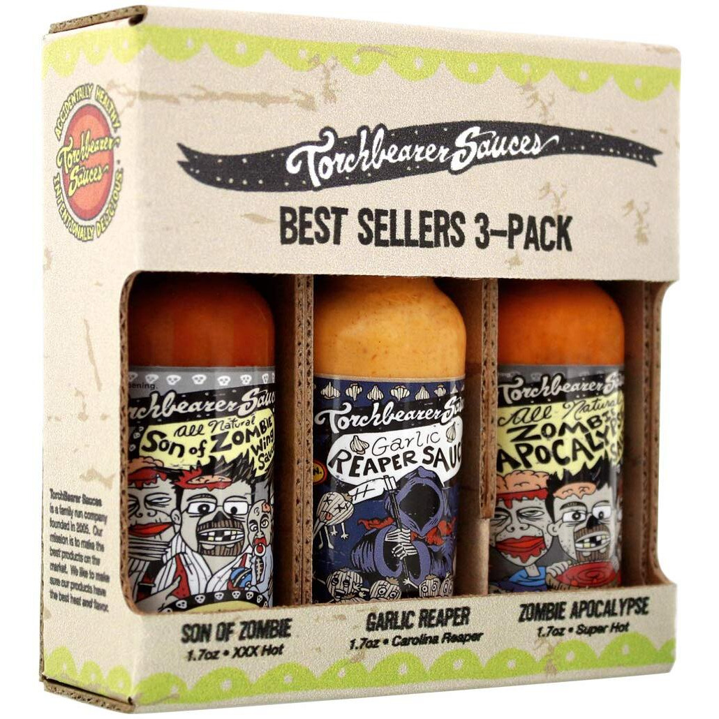 Torchbearer Sauces Best Sellers 3-Pack Mini Hot Sauce Gift Set, 1.7 Oz Each - Zombie Apocalypse, Garlic Reaper, Son Of Zombie