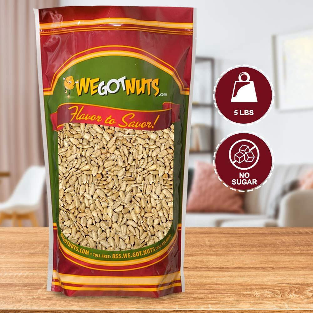 Raw Sunflower Seed Kernels By We Got Nuts - Premium Quality Kosher Shelled Sunflower Seeds - Natural & Healthy Fitness & Diet-Friendly Snack- Raw, Shelled & Unsalted- Air-Tight Resalable Bag- 5 Lbs