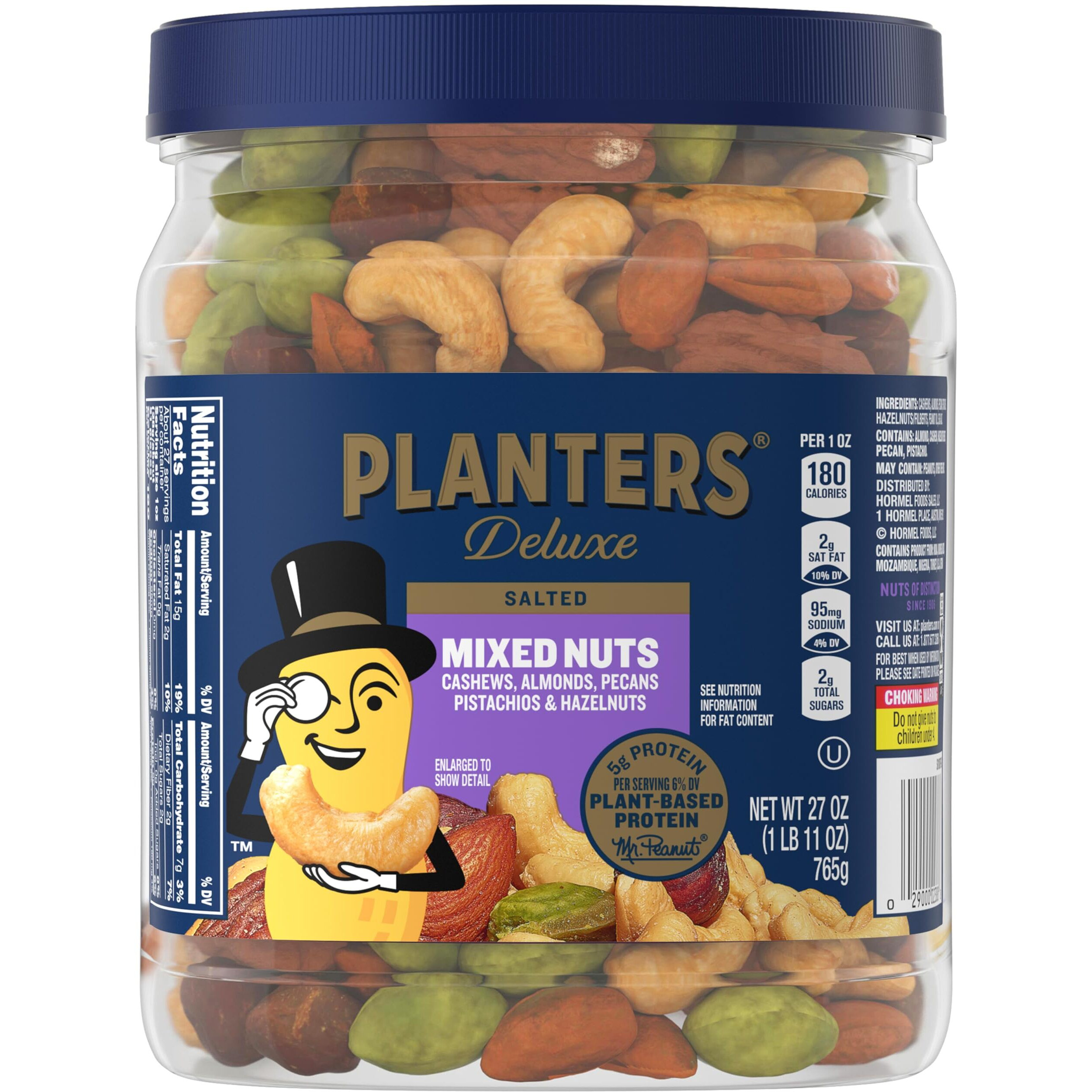 Planters Deluxe Mixed Nuts, Cashews, Almonds, Pecans, Pistachios, Hazelnuts, Roasted With Sea Salt, Party Snacks, Plant-Based Protein, Quick Snack For Adults, After School Snack, 27Oz Container