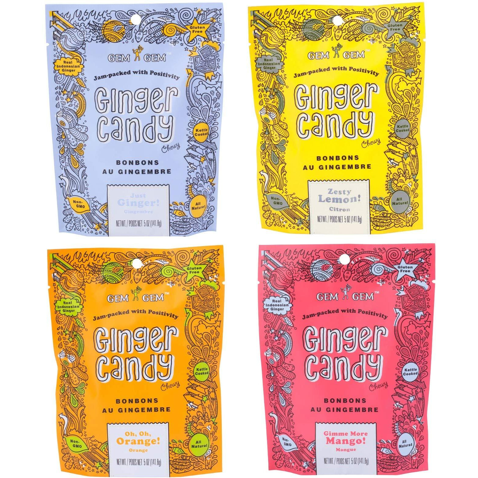 Gem Gem Ginger Candy Chewy Ginger Chews (Assorted Mix, 5.0Oz, Pack Of 4)