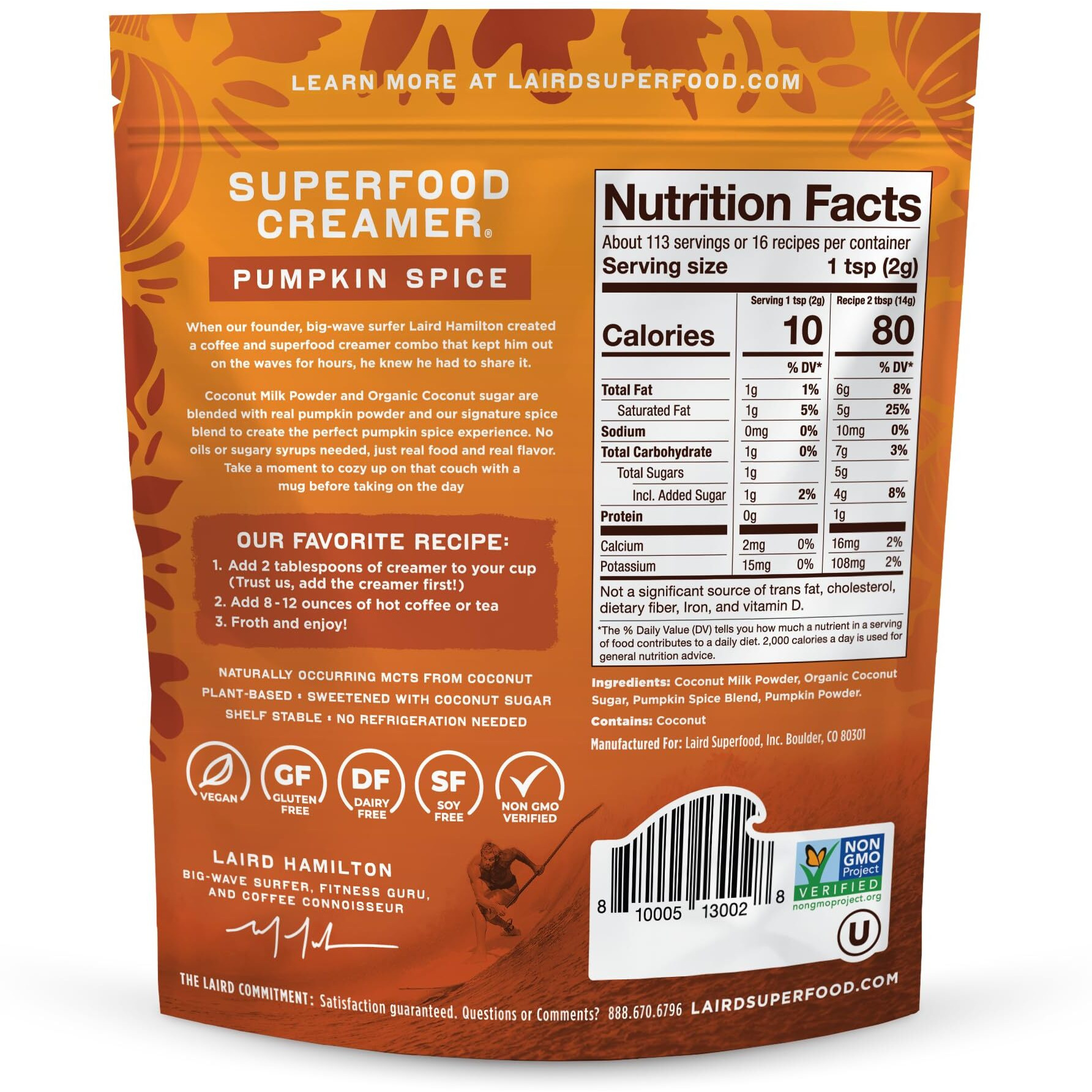 Laird Superfood Non-Dairy Original Superfood Pumpkin Spice With Real Pumpkin And Spices, Coconut Powder Coffee Creamer, Gluten Free, Non-Gmo, Vegan, 8 Oz. Bag, Pack Of 1
